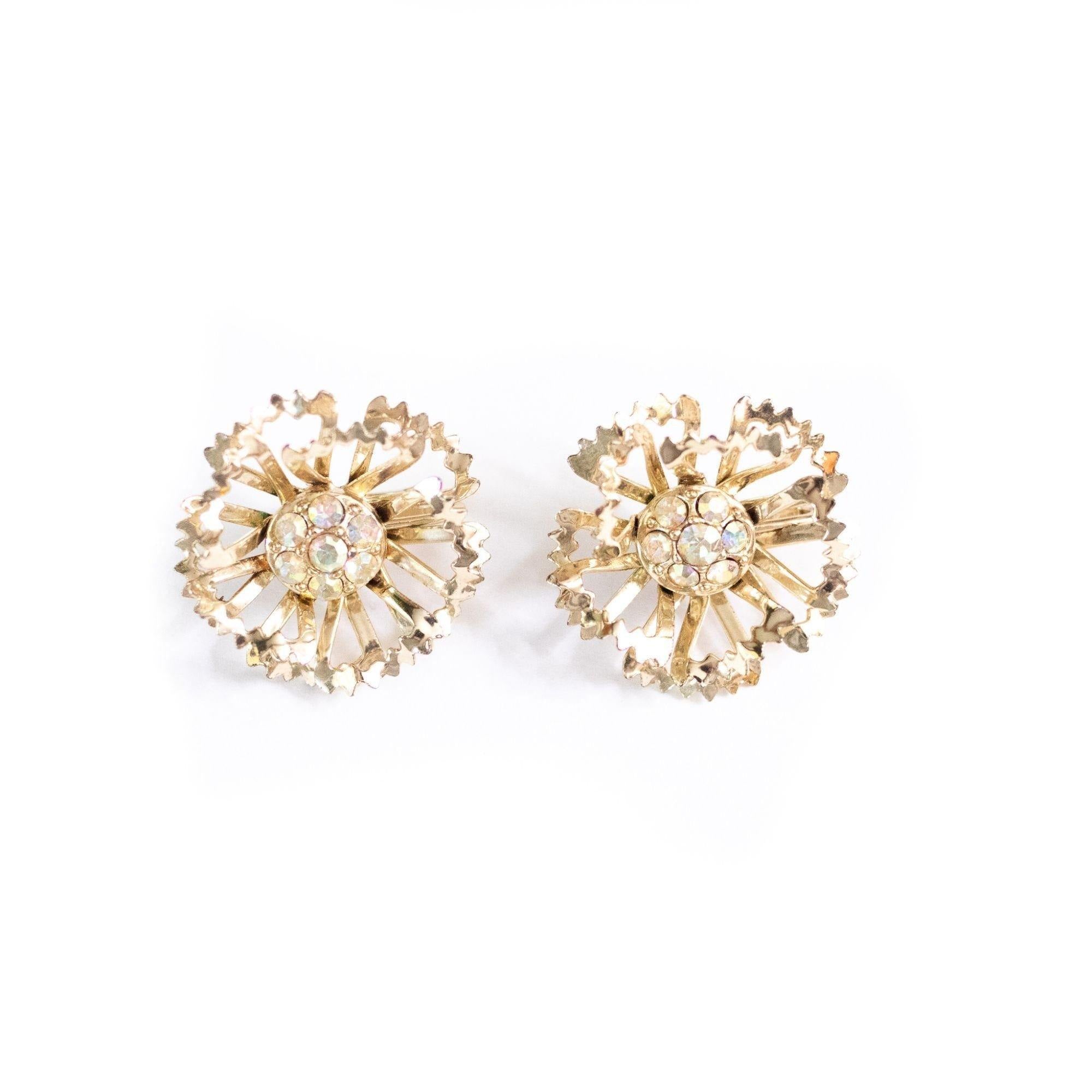 Vintage Gold Ruffle Flower Earrings With Aurora Borealis Crystals by Sarah Coventry - Vintage Meet Modern Vintage Jewelry - Chicago, Illinois - #oldhollywoodglamour #vintagemeetmodern #designervintage #jewelrybox #antiquejewelry #vintagejewelry