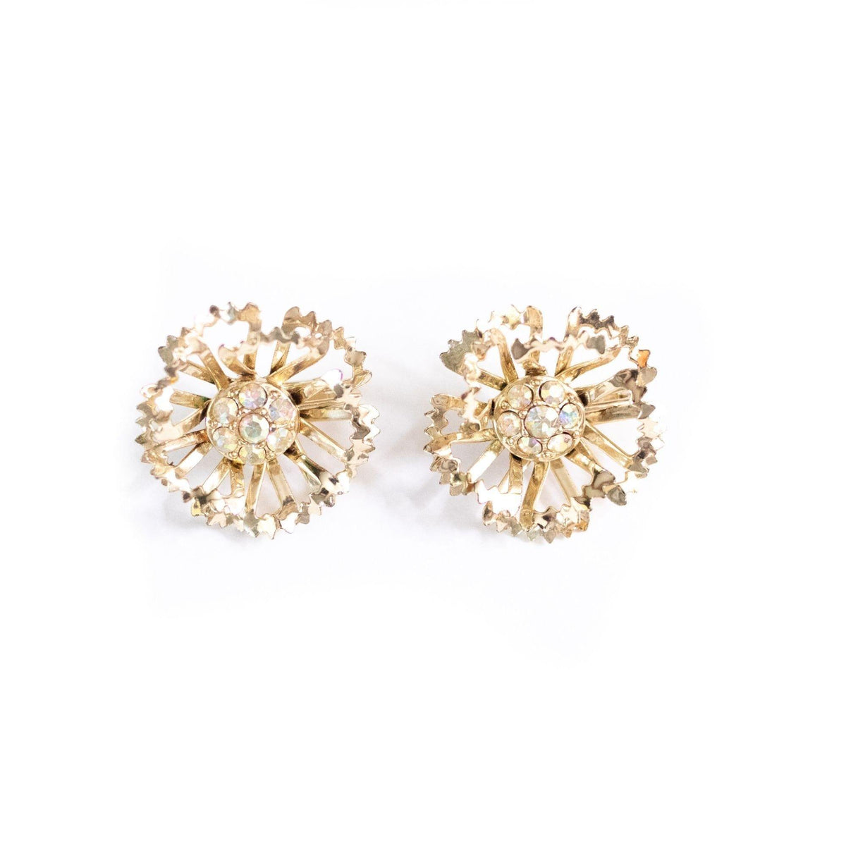 Vintage Gold Ruffle Flower Earrings With Aurora Borealis Crystals