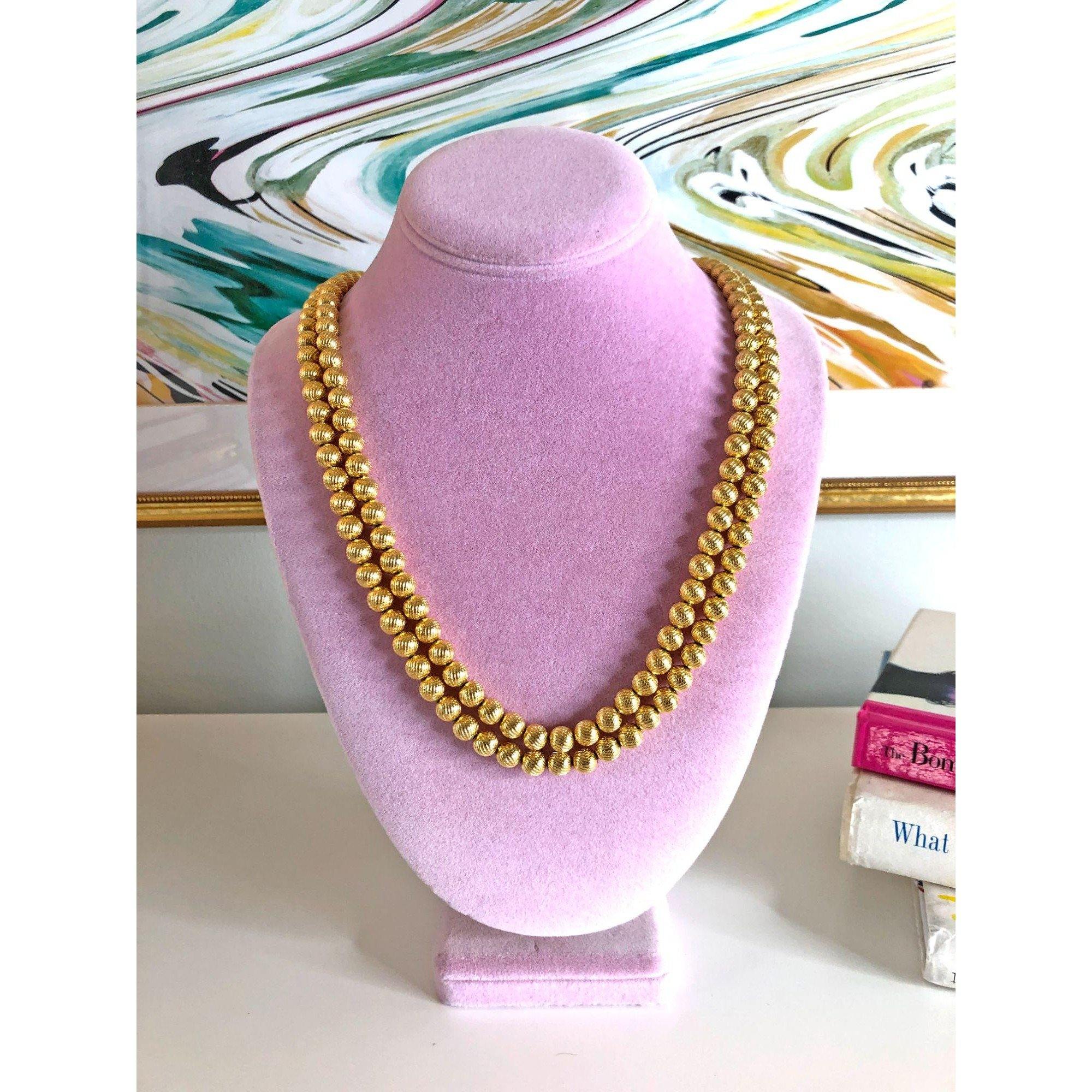 Vintage Double-Strand Gold Bead Necklace by Unsigned Beauty - Vintage Meet Modern Vintage Jewelry - Chicago, Illinois - #oldhollywoodglamour #vintagemeetmodern #designervintage #jewelrybox #antiquejewelry #vintagejewelry
