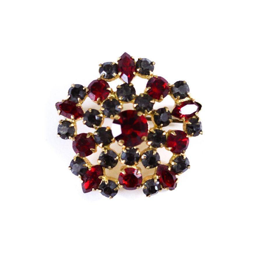 Vintage Garnet Red and Smoke Rhinestone Brooch