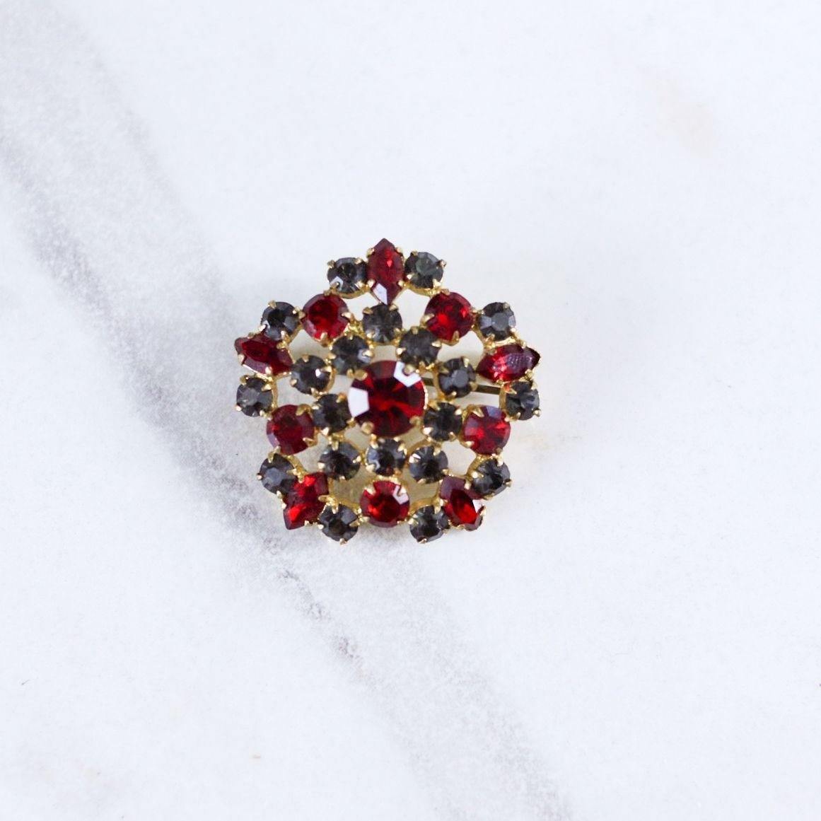 Vintage Garnet Red and Smoke Rhinestone Brooch by Made in Austria - Vintage Meet Modern Vintage Jewelry - Chicago, Illinois - #oldhollywoodglamour #vintagemeetmodern #designervintage #jewelrybox #antiquejewelry #vintagejewelry