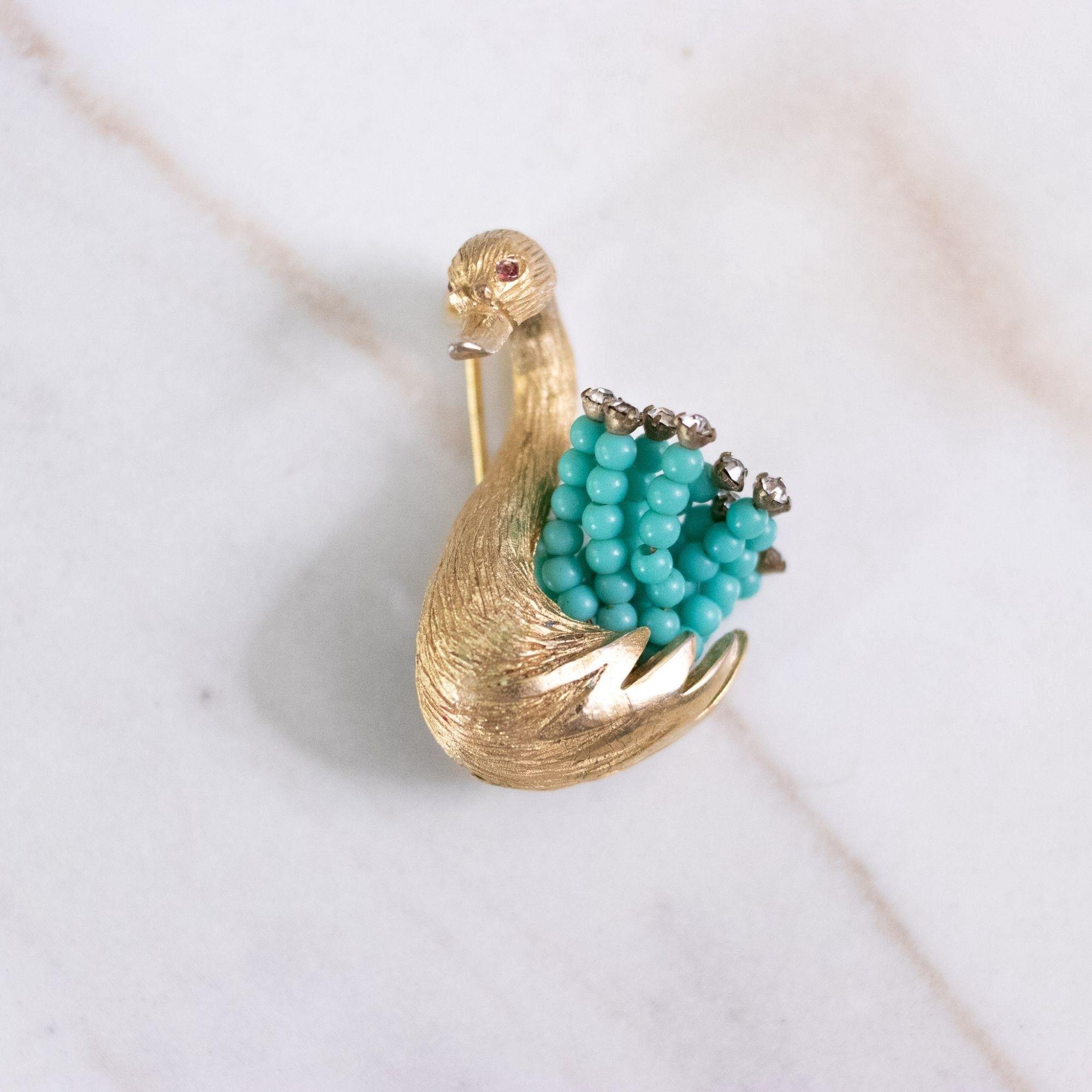 Vintage HAR Gold Swan Brooch with Turquoise Bead and Rhinestone Tail by HAR - Vintage Meet Modern Vintage Jewelry - Chicago, Illinois - #oldhollywoodglamour #vintagemeetmodern #designervintage #jewelrybox #antiquejewelry #vintagejewelry