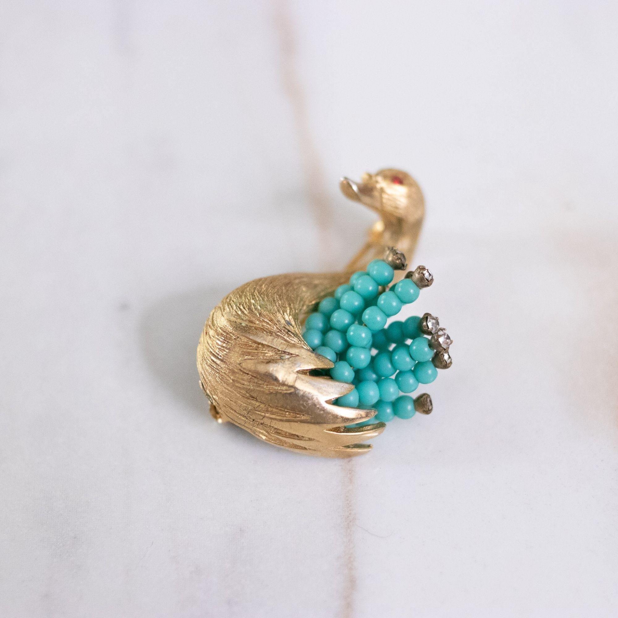 Vintage HAR Gold Swan Brooch with Turquoise Bead and Rhinestone Tail by HAR - Vintage Meet Modern Vintage Jewelry - Chicago, Illinois - #oldhollywoodglamour #vintagemeetmodern #designervintage #jewelrybox #antiquejewelry #vintagejewelry