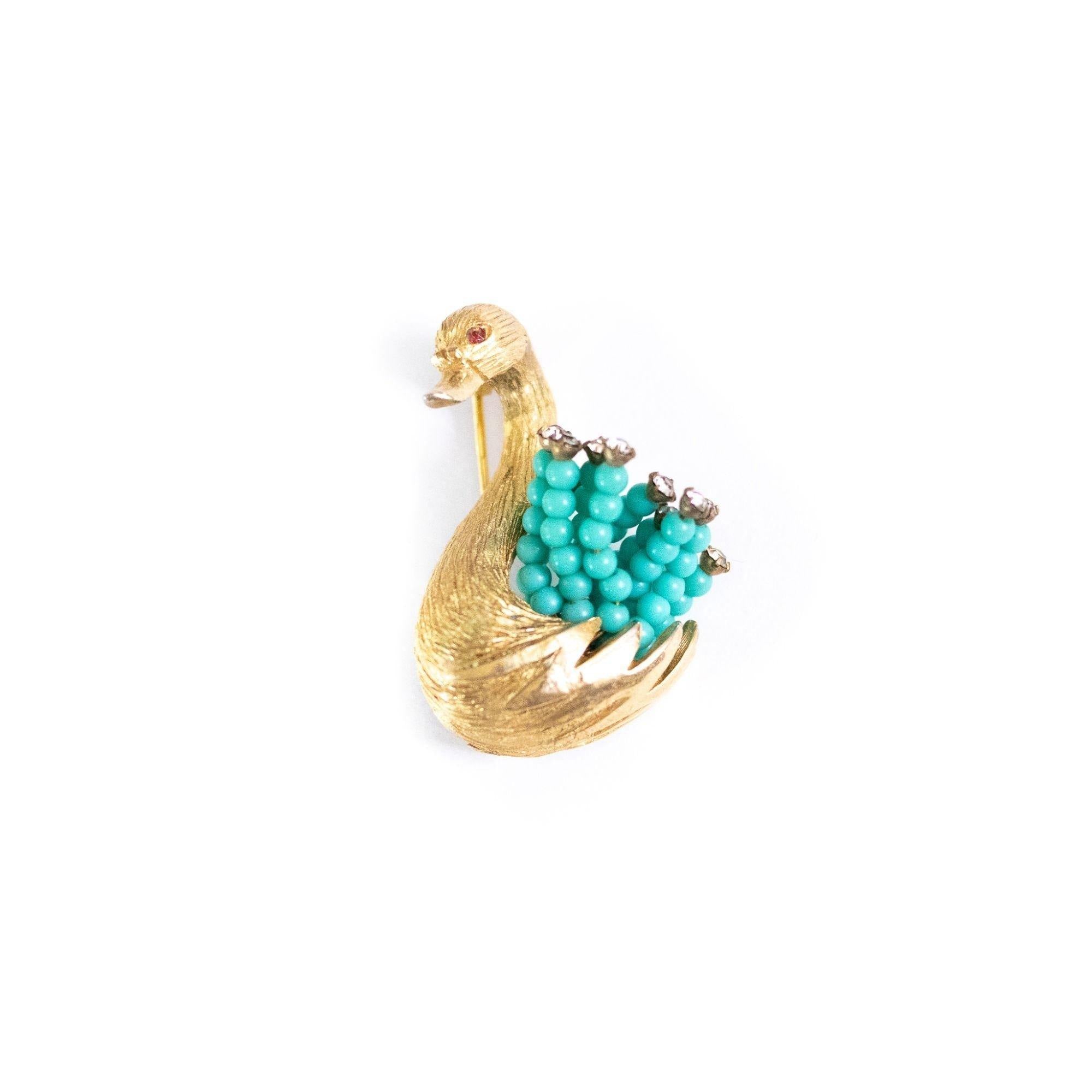 Vintage HAR Gold Swan Brooch with Turquoise Bead and Rhinestone Tail by HAR - Vintage Meet Modern Vintage Jewelry - Chicago, Illinois - #oldhollywoodglamour #vintagemeetmodern #designervintage #jewelrybox #antiquejewelry #vintagejewelry