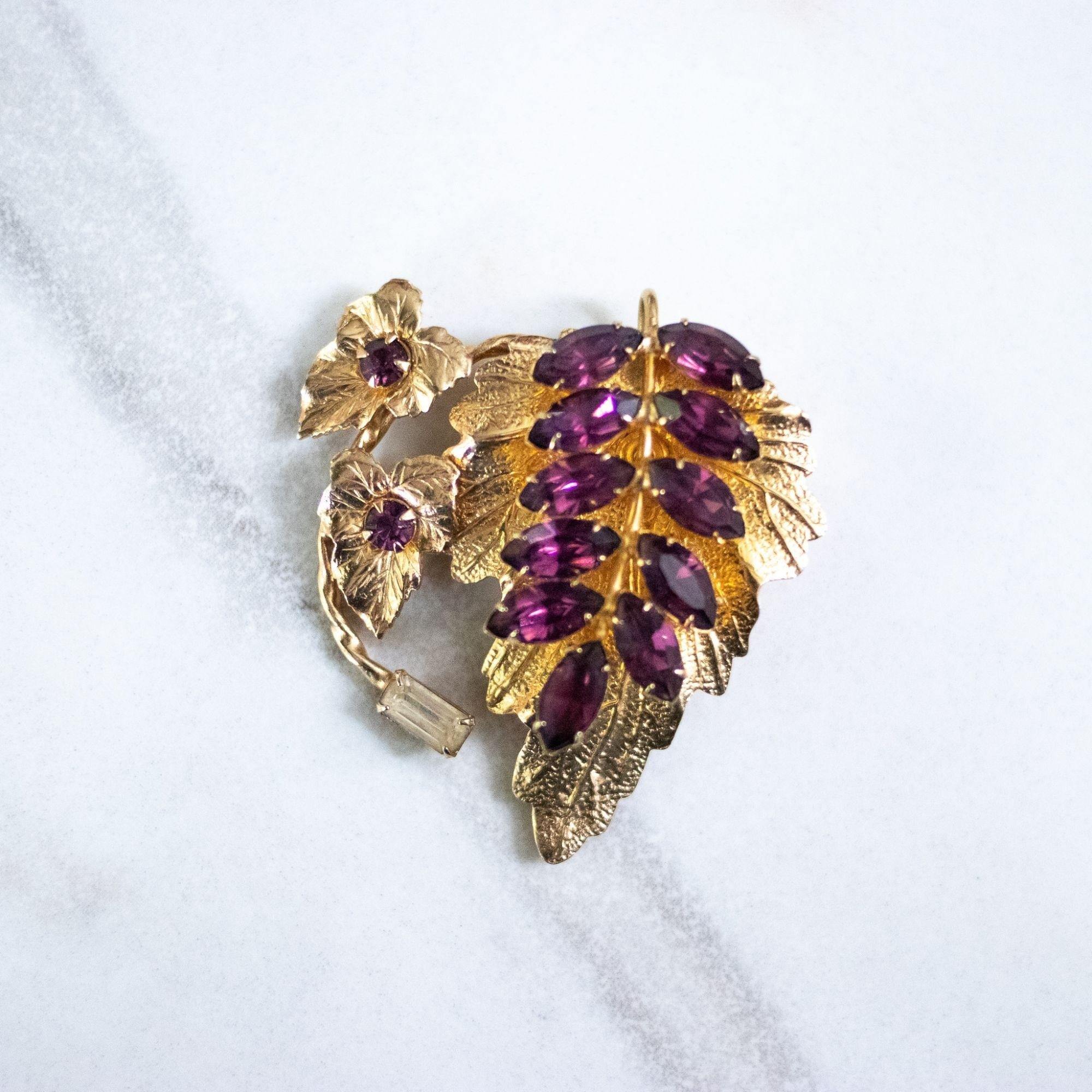 Vintage Amethyst Crystal Leaf Brooch by Unsigned Beauty - Vintage Meet Modern Vintage Jewelry - Chicago, Illinois - #oldhollywoodglamour #vintagemeetmodern #designervintage #jewelrybox #antiquejewelry #vintagejewelry