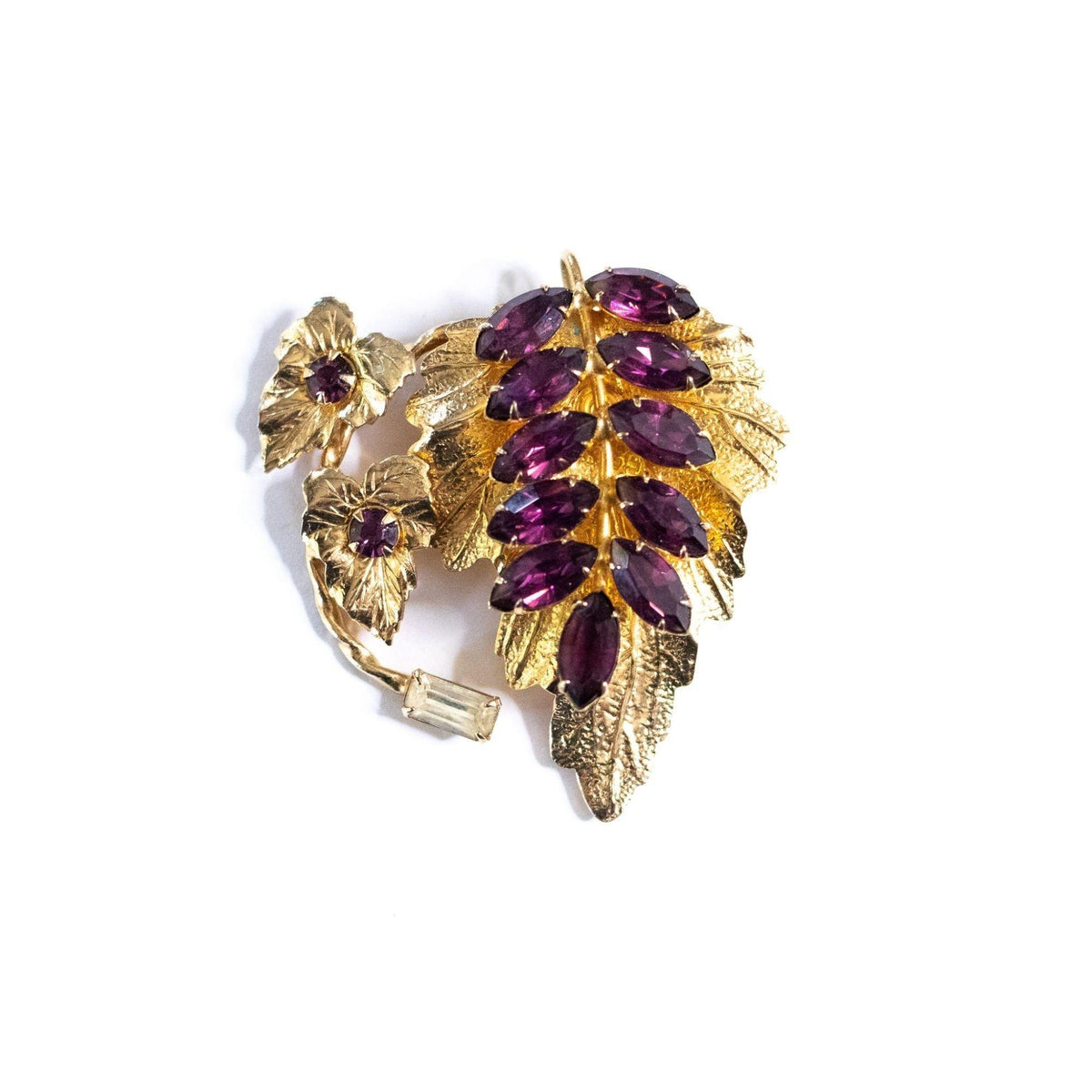 Vintage Amethyst Crystal Leaf Brooch