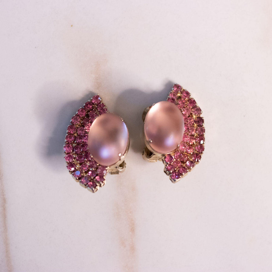 Vintage Pink Frosted Cabochon and Pink Rhinestone Statement Earrings by Unsigned Beauty - Vintage Meet Modern Vintage Jewelry - Chicago, Illinois - #oldhollywoodglamour #vintagemeetmodern #designervintage #jewelrybox #antiquejewelry #vintagejewelry