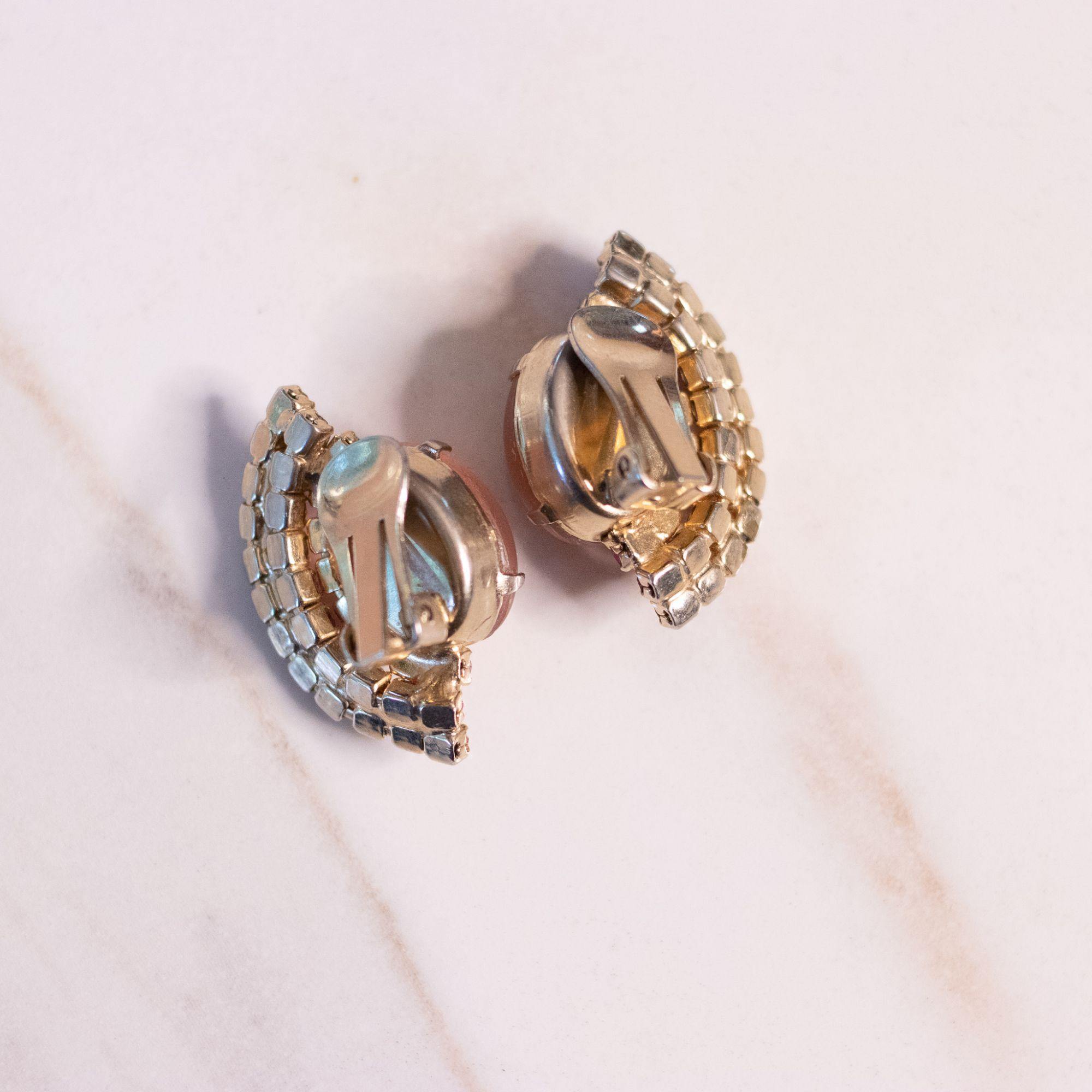 Vintage Pink Frosted Cabochon and Pink Rhinestone Statement Earrings by Unsigned Beauty - Vintage Meet Modern Vintage Jewelry - Chicago, Illinois - #oldhollywoodglamour #vintagemeetmodern #designervintage #jewelrybox #antiquejewelry #vintagejewelry