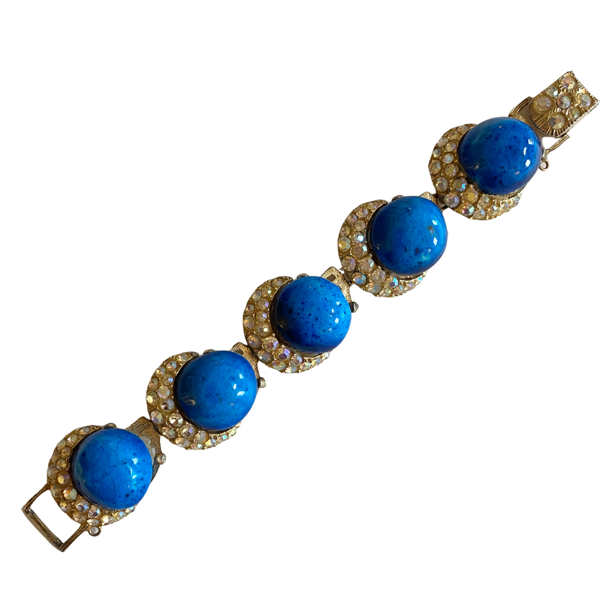 Marble Blue Glass Cabochon and Aurora Borealis Crystal Bracelet