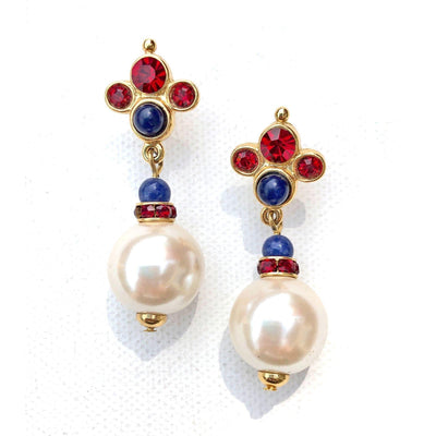 Vintage Mogul-Style Dangling Pearl Earrings with Blue Lapis and Red Crystal by Unsigned Beauty - Vintage Meet Modern Vintage Jewelry - Chicago, Illinois - #oldhollywoodglamour #vintagemeetmodern #designervintage #jewelrybox #antiquejewelry #vintagejewelry