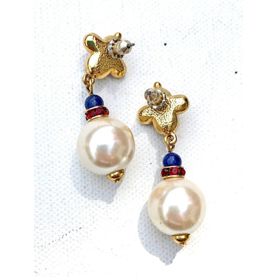 Vintage Mogul-Style Dangling Pearl Earrings with Blue Lapis and Red Crystal by Unsigned Beauty - Vintage Meet Modern Vintage Jewelry - Chicago, Illinois - #oldhollywoodglamour #vintagemeetmodern #designervintage #jewelrybox #antiquejewelry #vintagejewelry