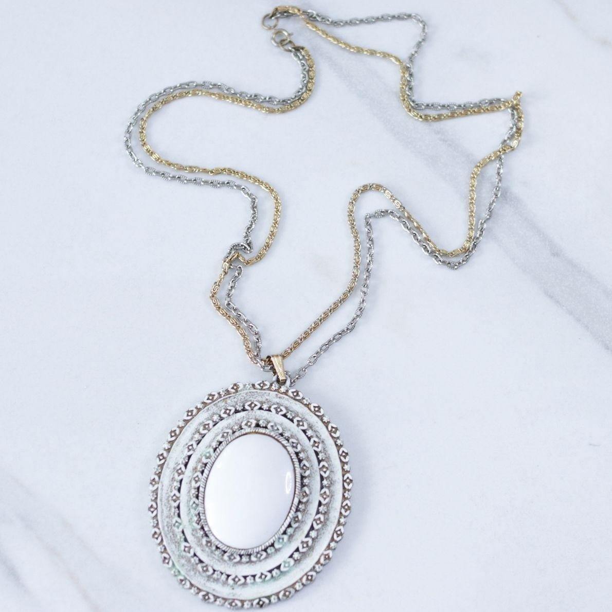Vintage Florenza White Oval Medallion Statement Necklace by Florenza - Vintage Meet Modern Vintage Jewelry - Chicago, Illinois - #oldhollywoodglamour #vintagemeetmodern #designervintage #jewelrybox #antiquejewelry #vintagejewelry