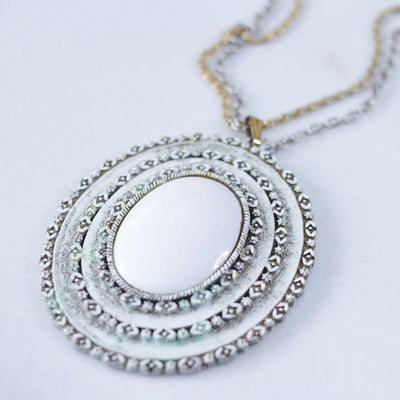 Vintage Florenza White Oval Medallion Statement Necklace by Florenza - Vintage Meet Modern Vintage Jewelry - Chicago, Illinois - #oldhollywoodglamour #vintagemeetmodern #designervintage #jewelrybox #antiquejewelry #vintagejewelry