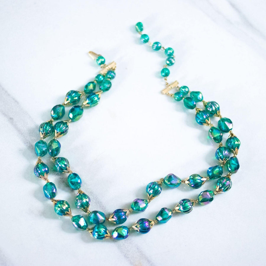 Vintage Iridescent Green Beaded Double Strand Necklace by Hong Kong - Vintage Meet Modern Vintage Jewelry - Chicago, Illinois - #oldhollywoodglamour #vintagemeetmodern #designervintage #jewelrybox #antiquejewelry #vintagejewelry