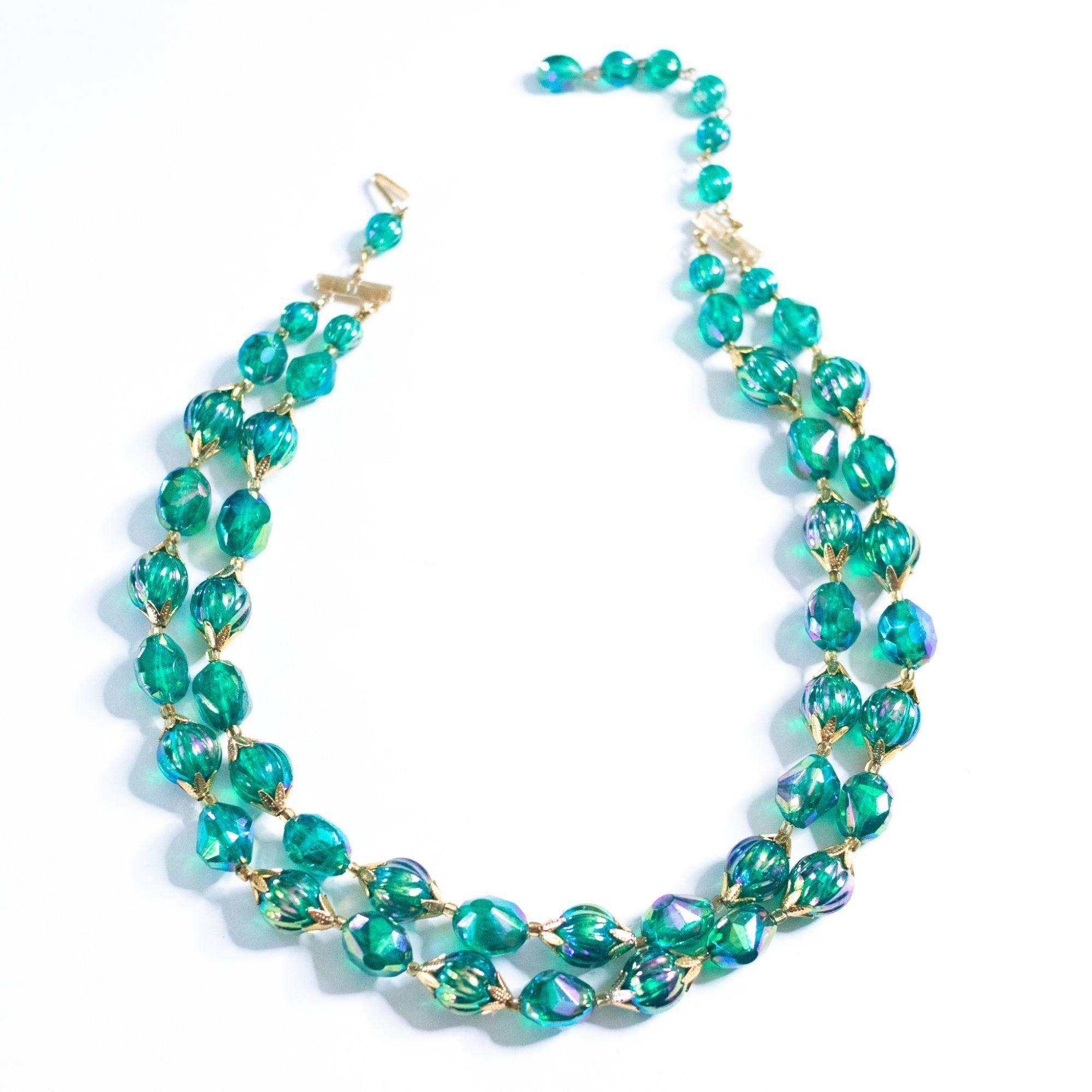 Vintage Iridescent Green Beaded Double Strand Necklace by Hong Kong - Vintage Meet Modern Vintage Jewelry - Chicago, Illinois - #oldhollywoodglamour #vintagemeetmodern #designervintage #jewelrybox #antiquejewelry #vintagejewelry