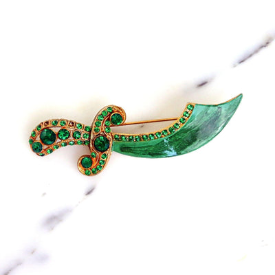 Vintage Green Enamel and Rhinestone Saber Brooch by Unsigned Beauty - Vintage Meet Modern Vintage Jewelry - Chicago, Illinois - #oldhollywoodglamour #vintagemeetmodern #designervintage #jewelrybox #antiquejewelry #vintagejewelry