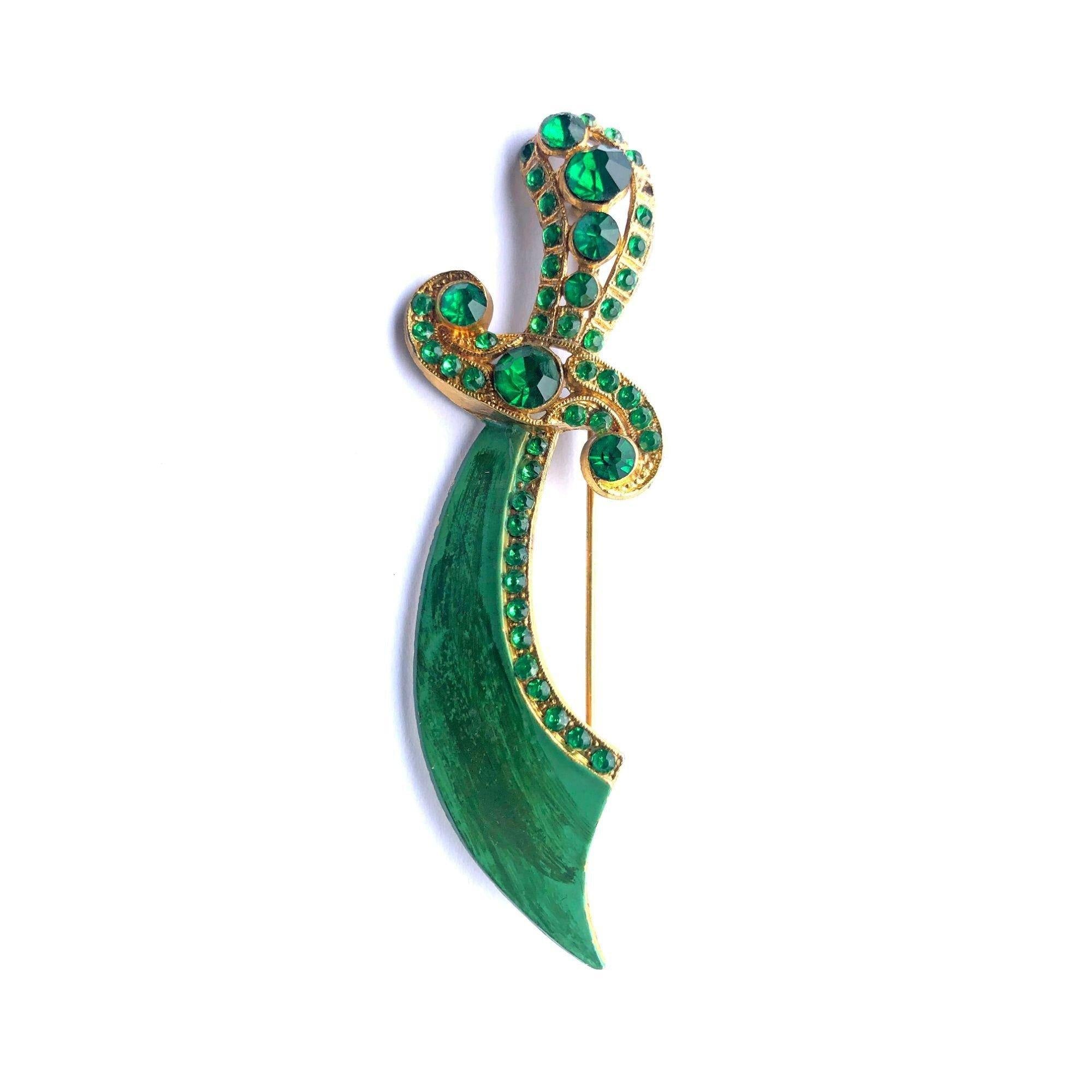 Vintage Green Enamel and Rhinestone Saber Brooch by Unsigned Beauty - Vintage Meet Modern Vintage Jewelry - Chicago, Illinois - #oldhollywoodglamour #vintagemeetmodern #designervintage #jewelrybox #antiquejewelry #vintagejewelry