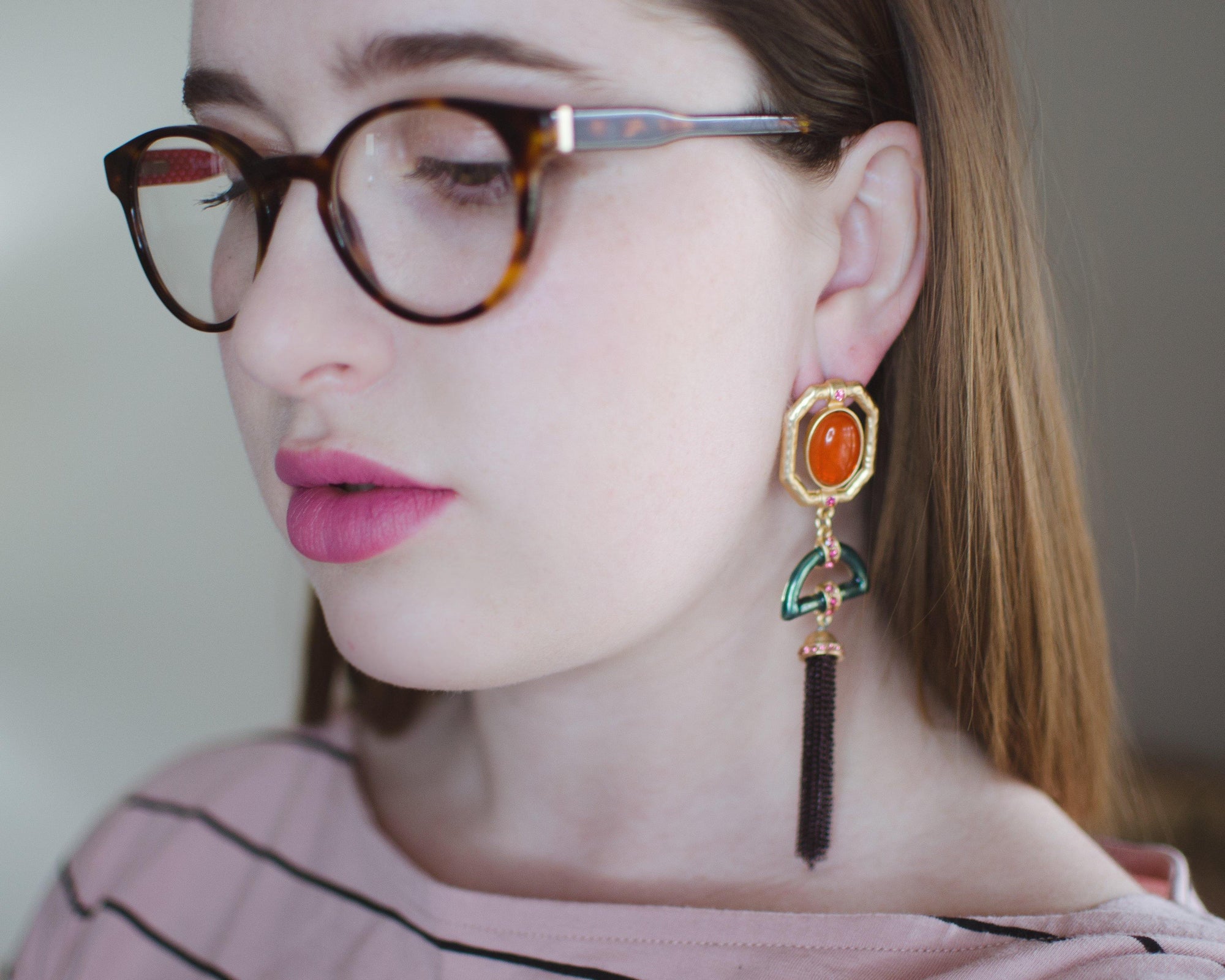 Coral Cabochon and Jade Enamel Tassel Earrings by Vintage Meet Modern - Vintage Meet Modern Vintage Jewelry - Chicago, Illinois - #oldhollywoodglamour #vintagemeetmodern #designervintage #jewelrybox #antiquejewelry #vintagejewelry