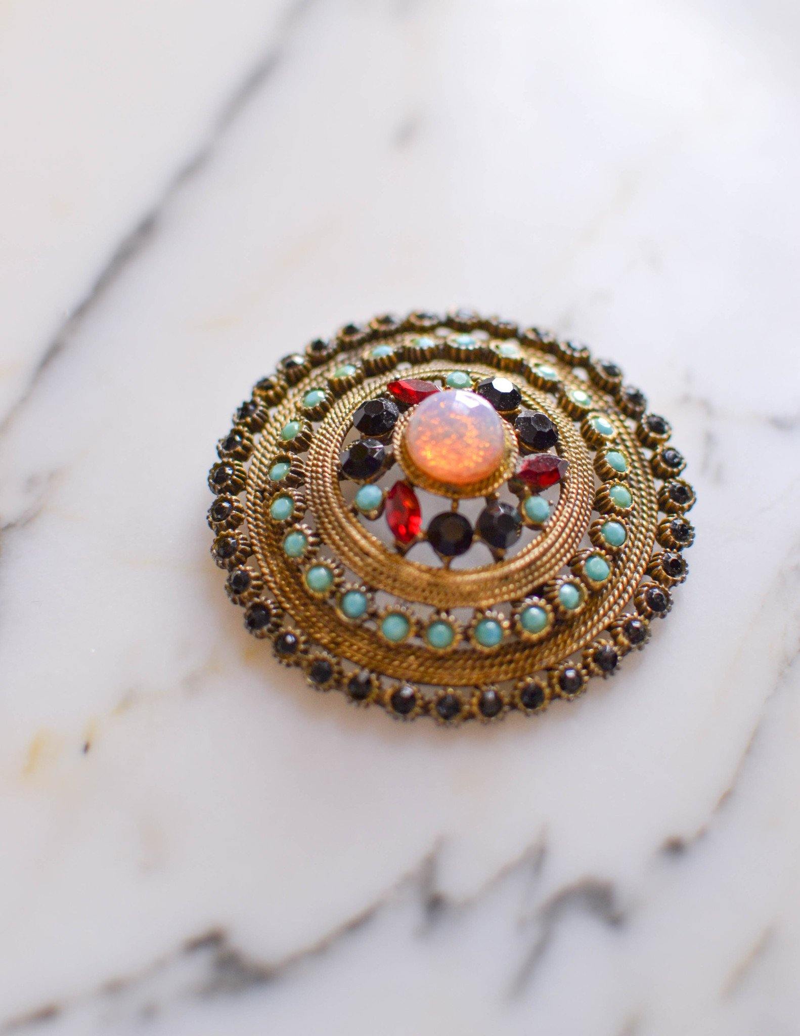Fire Opal, Garnet, Turquoise, Jet Black Rhinestone Medallion Pendant by Unsigned Beauty - Vintage Meet Modern Vintage Jewelry - Chicago, Illinois - #oldhollywoodglamour #vintagemeetmodern #designervintage #jewelrybox #antiquejewelry #vintagejewelry