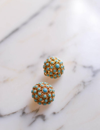 Turquoise Gold Dome Earrings by Unsigned Beauties - Vintage Meet Modern Vintage Jewelry - Chicago, Illinois - #oldhollywoodglamour #vintagemeetmodern #designervintage #jewelrybox #antiquejewelry #vintagejewelry