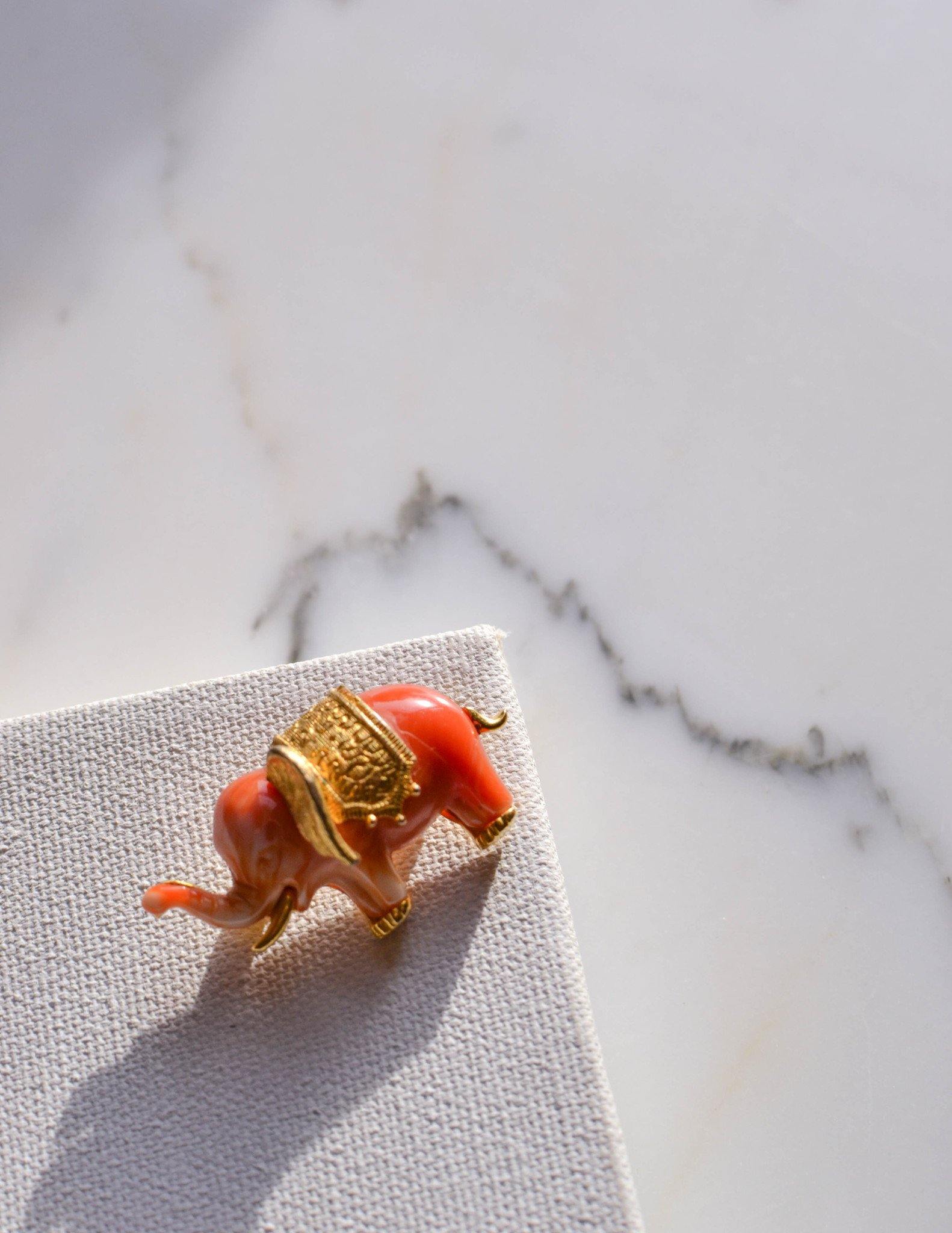 Faux Coral Elephant Brooch by Unsigned Beauty - Vintage Meet Modern Vintage Jewelry - Chicago, Illinois - #oldhollywoodglamour #vintagemeetmodern #designervintage #jewelrybox #antiquejewelry #vintagejewelry