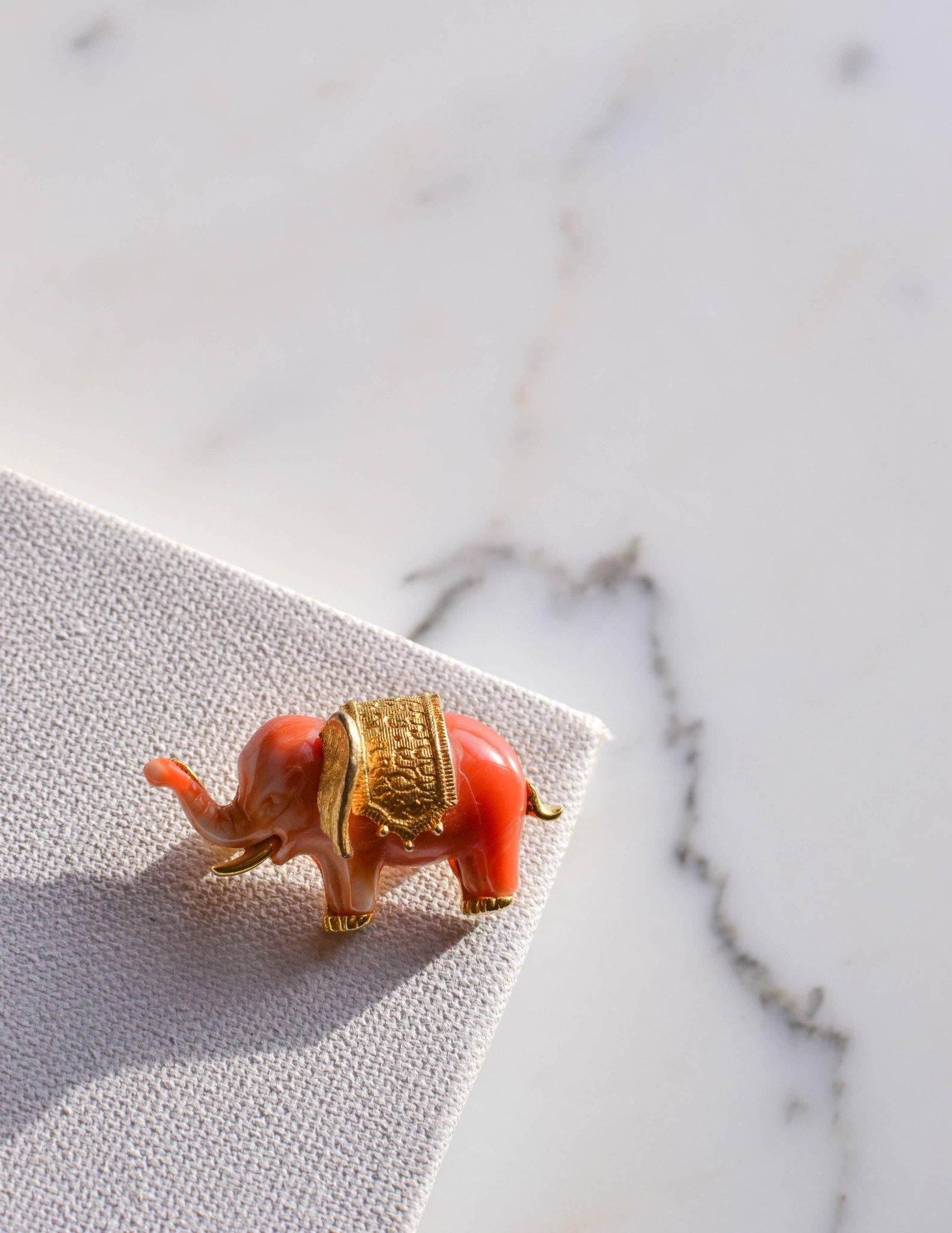 Faux Coral Elephant Brooch by Unsigned Beauty - Vintage Meet Modern Vintage Jewelry - Chicago, Illinois - #oldhollywoodglamour #vintagemeetmodern #designervintage #jewelrybox #antiquejewelry #vintagejewelry