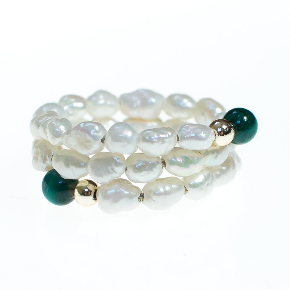 Vintage Malachite Bead and Cultured Rice Pearl Coiled Ring by Malachite and Pearl - Vintage Meet Modern Vintage Jewelry - Chicago, Illinois - #oldhollywoodglamour #vintagemeetmodern #designervintage #jewelrybox #antiquejewelry #vintagejewelry