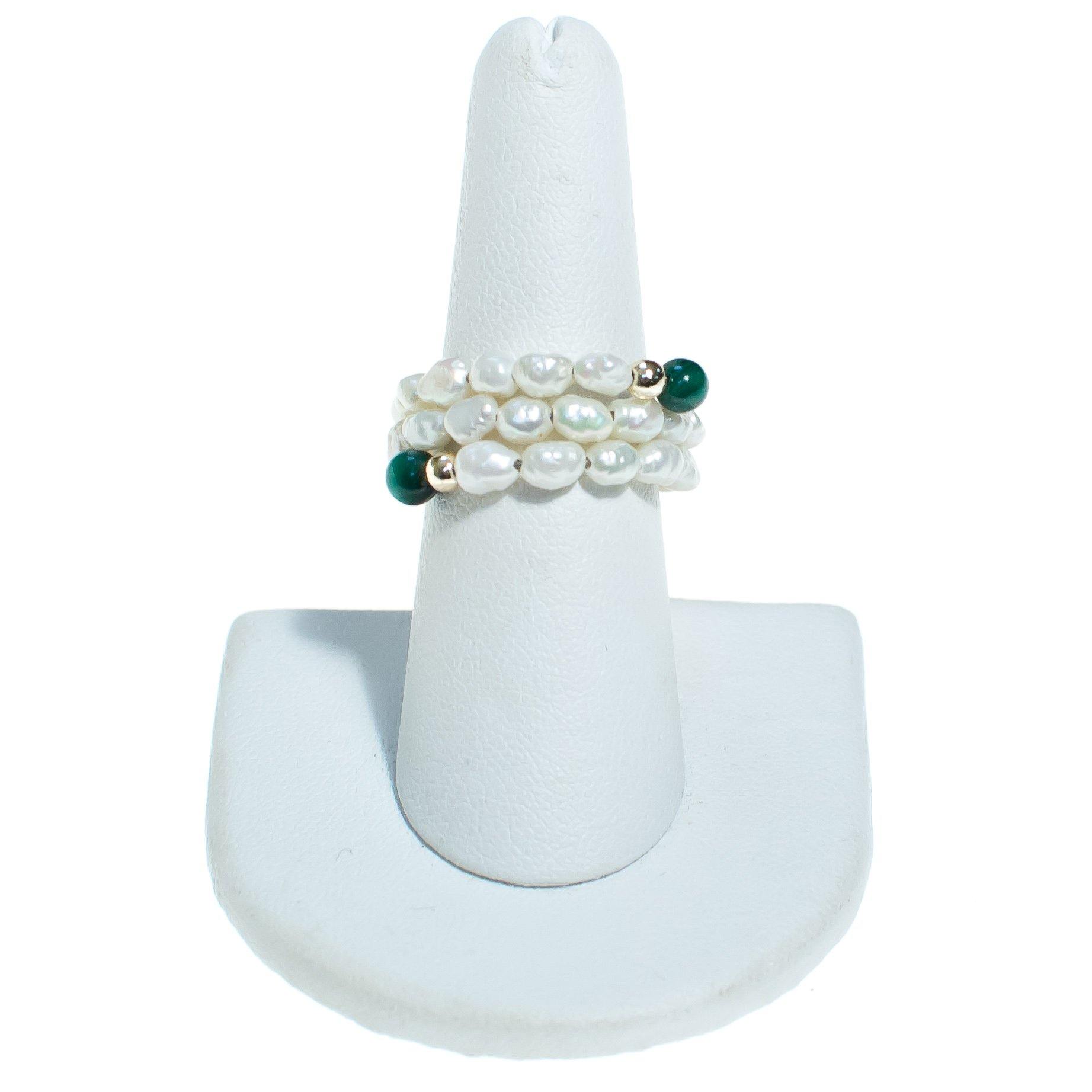 Vintage Malachite Bead and Cultured Rice Pearl Coiled Ring by Malachite and Pearl - Vintage Meet Modern Vintage Jewelry - Chicago, Illinois - #oldhollywoodglamour #vintagemeetmodern #designervintage #jewelrybox #antiquejewelry #vintagejewelry