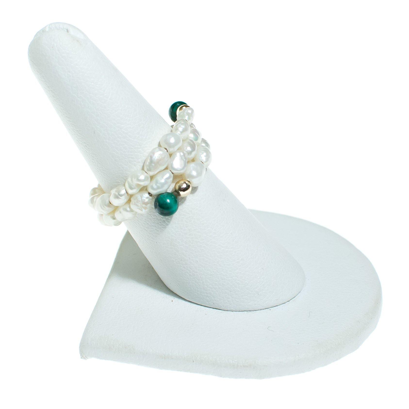 Vintage Malachite Bead and Cultured Rice Pearl Coiled Ring by Malachite and Pearl - Vintage Meet Modern Vintage Jewelry - Chicago, Illinois - #oldhollywoodglamour #vintagemeetmodern #designervintage #jewelrybox #antiquejewelry #vintagejewelry