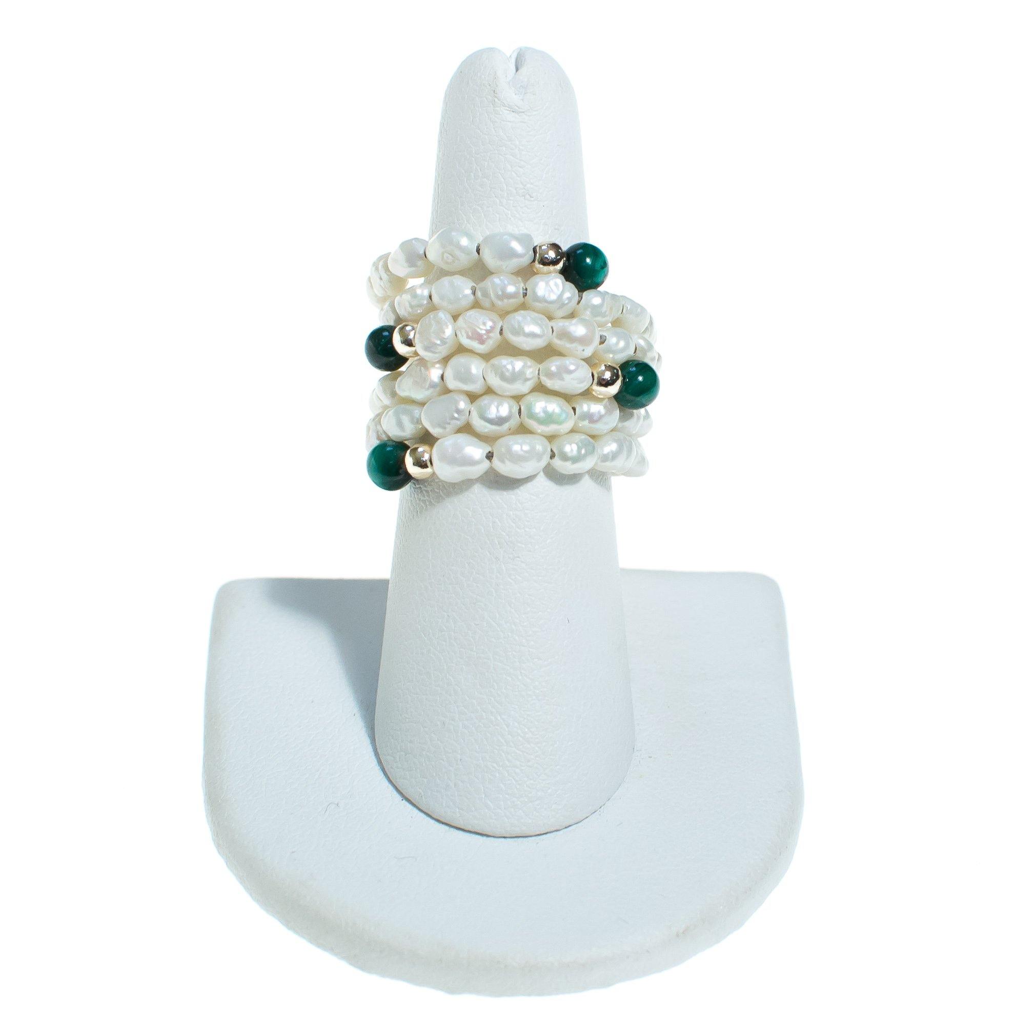 Vintage Malachite Bead and Cultured Rice Pearl Coiled Ring by Malachite and Pearl - Vintage Meet Modern Vintage Jewelry - Chicago, Illinois - #oldhollywoodglamour #vintagemeetmodern #designervintage #jewelrybox #antiquejewelry #vintagejewelry