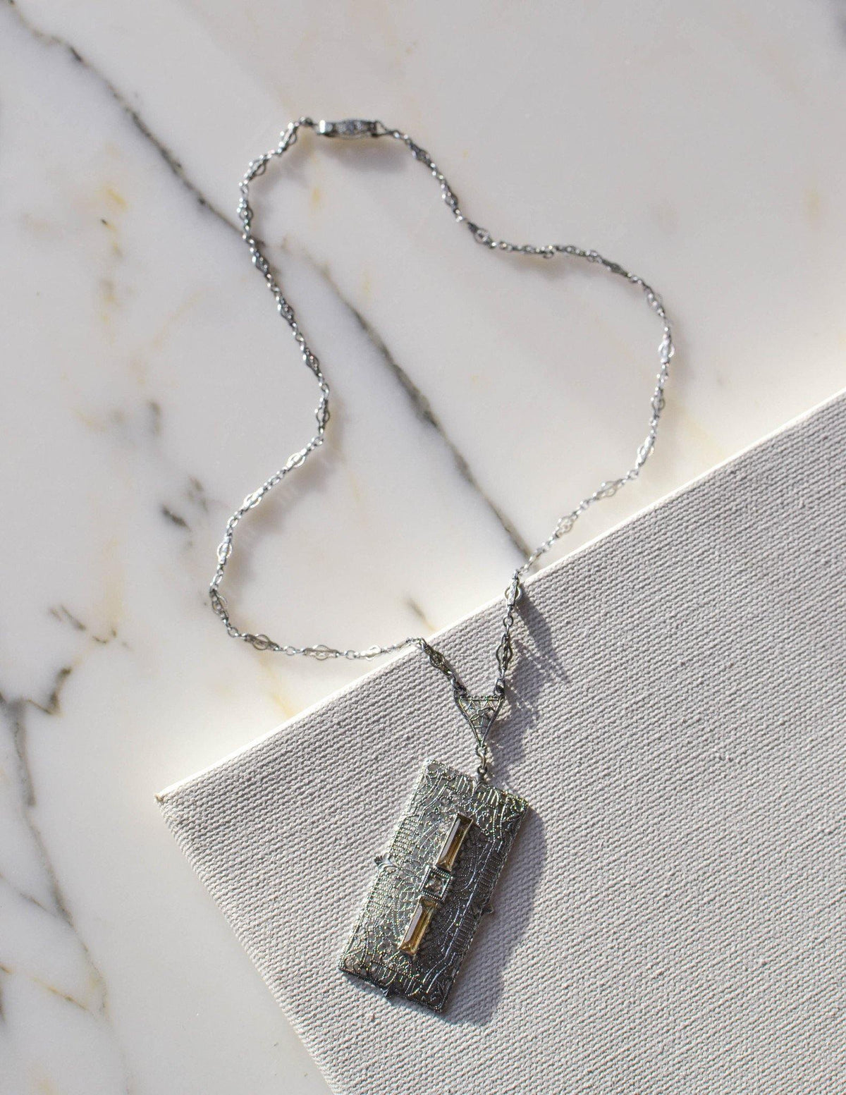 Edwardian Art Deco Filigree and Rhinestone Pendant Necklace