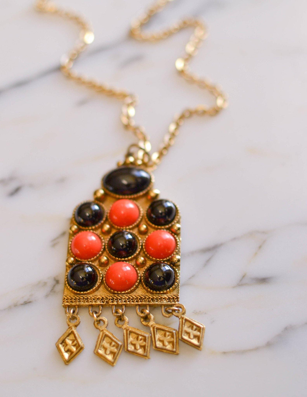 Black and Coral Etruscan Statement Necklace