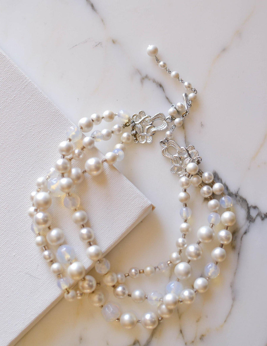 Opal Bead and Pearl Triple Strand Necklace by Made in Japan - Vintage Meet Modern Vintage Jewelry - Chicago, Illinois - #oldhollywoodglamour #vintagemeetmodern #designervintage #jewelrybox #antiquejewelry #vintagejewelry