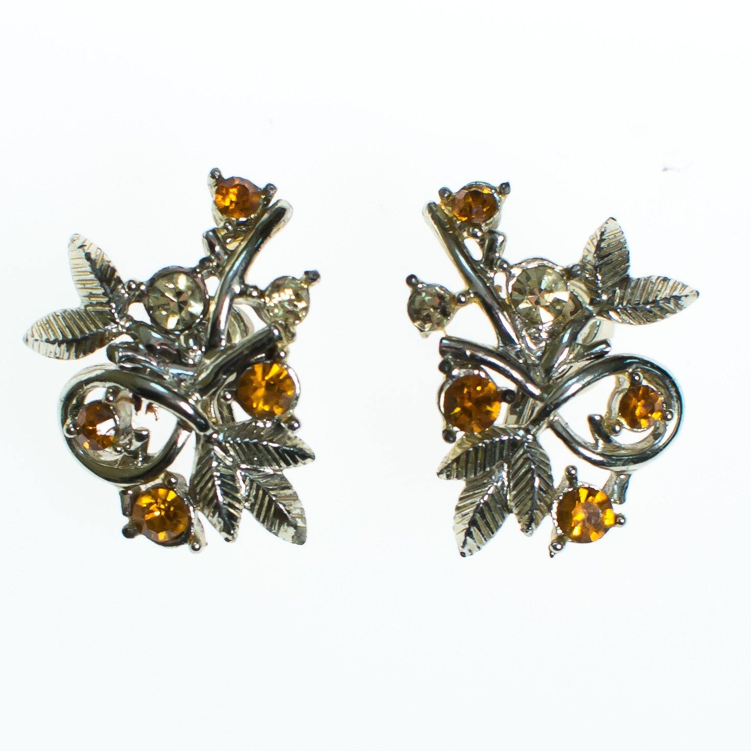 Vintage Amber Rhinestone Floral Screw Back Earrings by Vintage Meet Modern - Vintage Meet Modern Vintage Jewelry - Chicago, Illinois - #oldhollywoodglamour #vintagemeetmodern #designervintage #jewelrybox #antiquejewelry #vintagejewelry