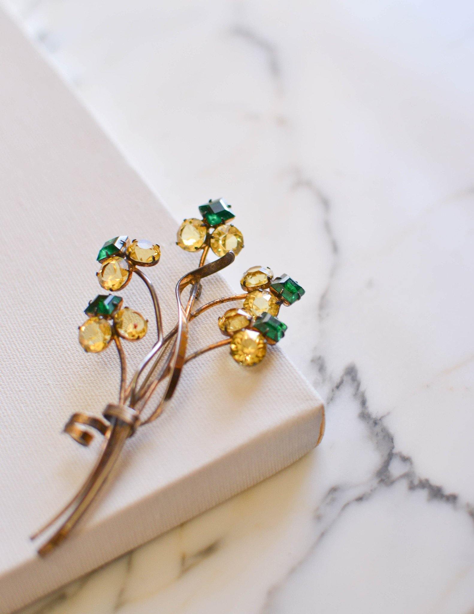 1930s Massive Sterling Silver Flower Brooch with Green and Yellow Rhinestones by Sterling Silver - Vintage Meet Modern Vintage Jewelry - Chicago, Illinois - #oldhollywoodglamour #vintagemeetmodern #designervintage #jewelrybox #antiquejewelry #vintagejewelry