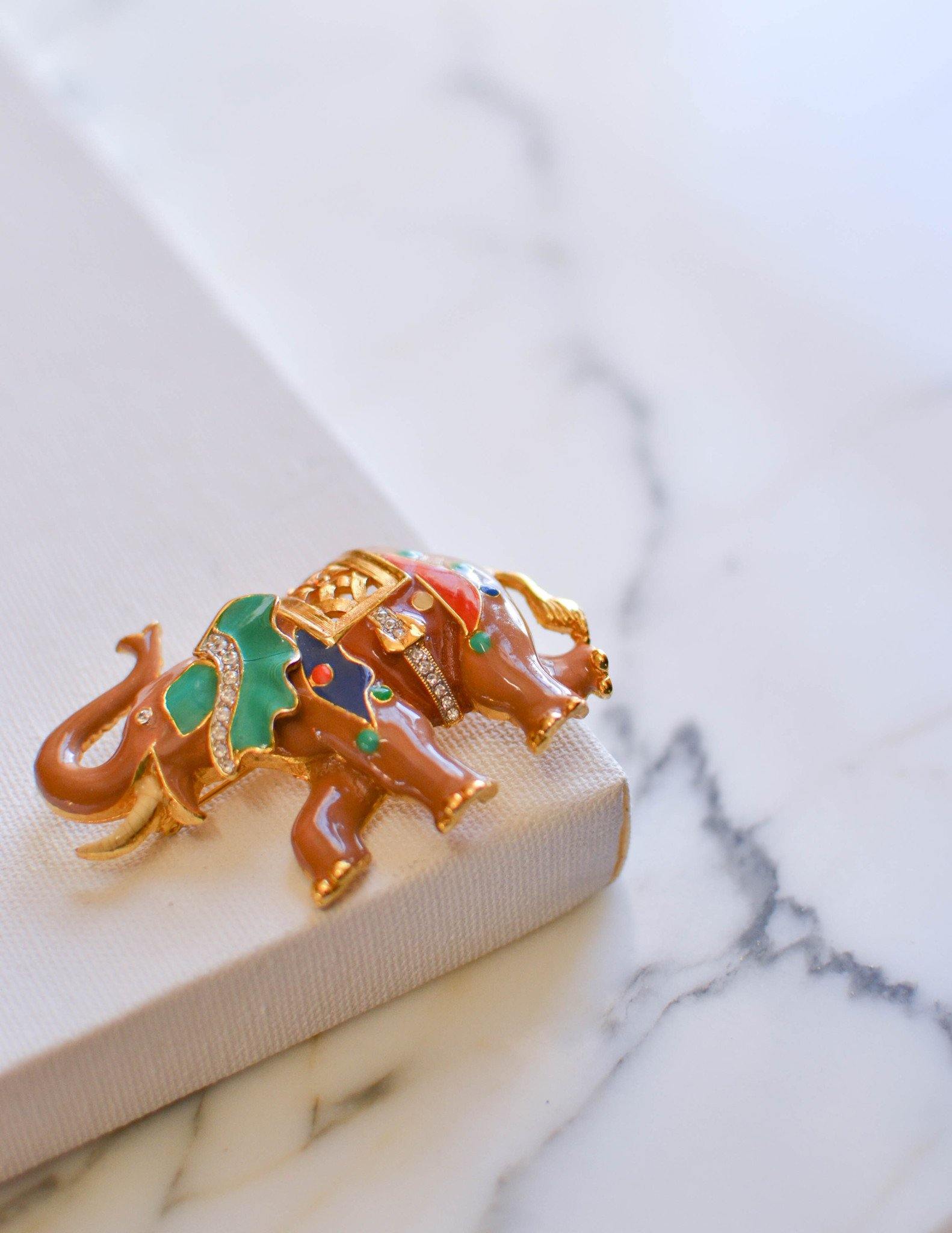 Bejeweld Colorful Elephant Pendant Brooch by Unsigned Beauty - Vintage Meet Modern Vintage Jewelry - Chicago, Illinois - #oldhollywoodglamour #vintagemeetmodern #designervintage #jewelrybox #antiquejewelry #vintagejewelry