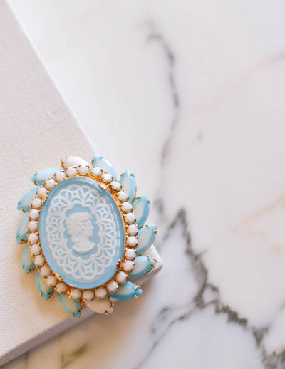 Cinderella Blue Cameo Rhinestone Brooch by Juliana by Juliana - Vintage Meet Modern Vintage Jewelry - Chicago, Illinois - #oldhollywoodglamour #vintagemeetmodern #designervintage #jewelrybox #antiquejewelry #vintagejewelry