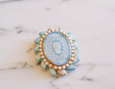 Cinderella Blue Cameo Rhinestone Brooch by Juliana by Juliana - Vintage Meet Modern Vintage Jewelry - Chicago, Illinois - #oldhollywoodglamour #vintagemeetmodern #designervintage #jewelrybox #antiquejewelry #vintagejewelry