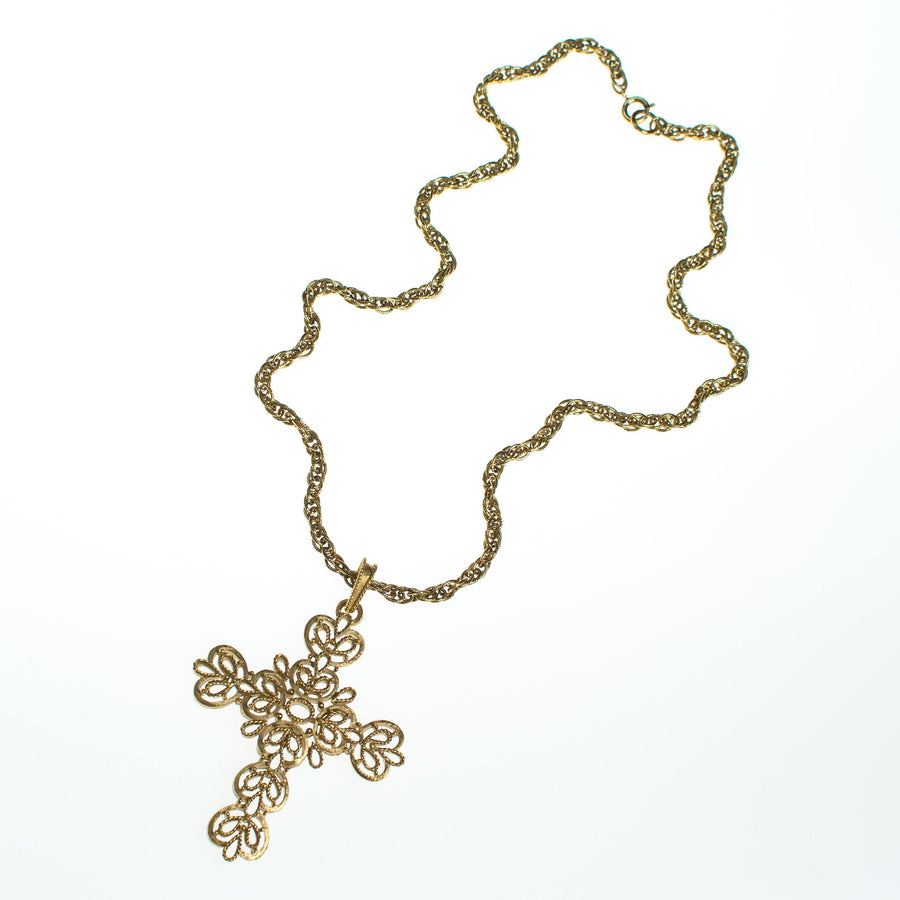 Vintage Crown Trifari Big Gold Cross Pendant Necklace by Crown Trifari - Vintage Meet Modern Vintage Jewelry - Chicago, Illinois - #oldhollywoodglamour #vintagemeetmodern #designervintage #jewelrybox #antiquejewelry #vintagejewelry