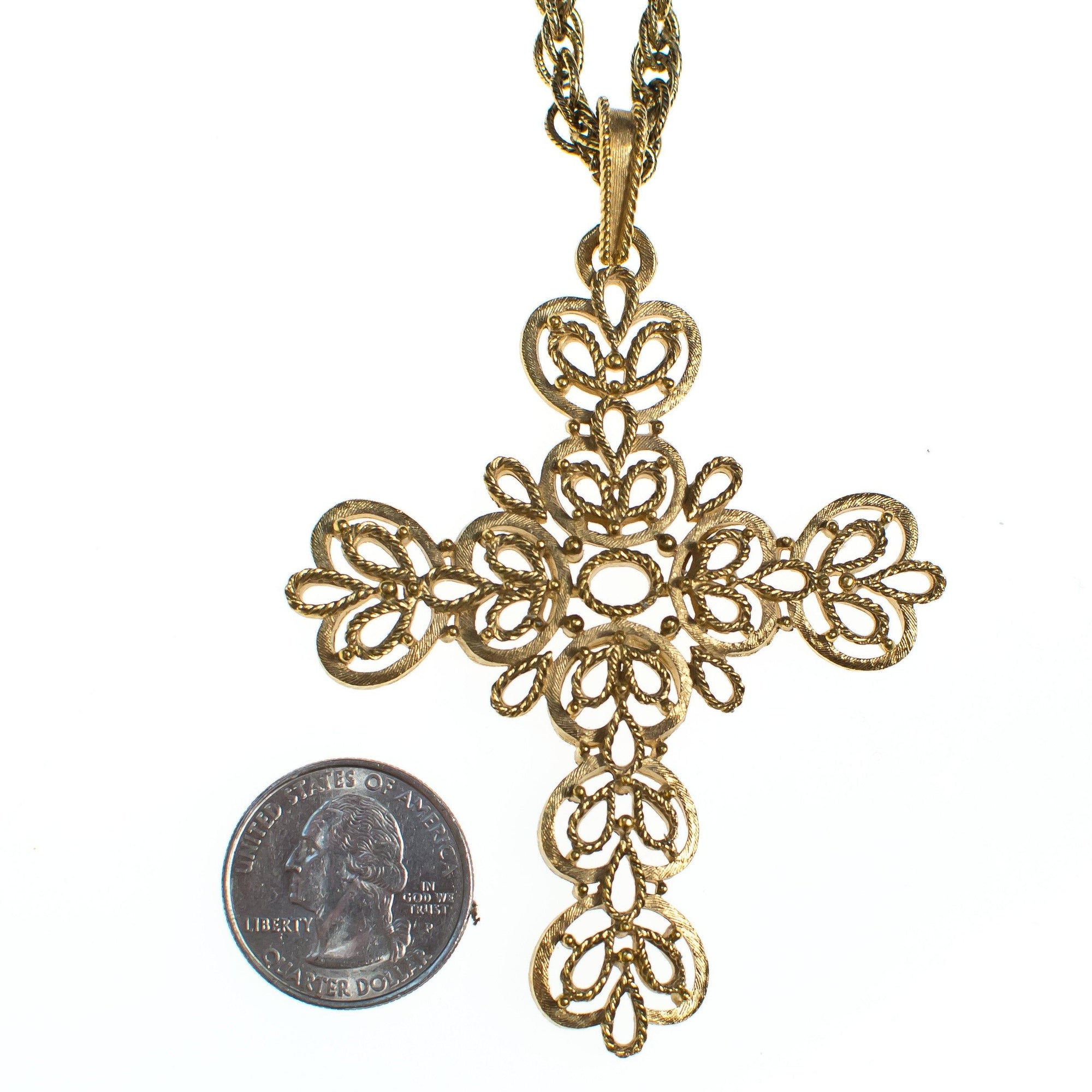Vintage Crown Trifari Big Gold Cross Pendant Necklace by Crown Trifari - Vintage Meet Modern Vintage Jewelry - Chicago, Illinois - #oldhollywoodglamour #vintagemeetmodern #designervintage #jewelrybox #antiquejewelry #vintagejewelry