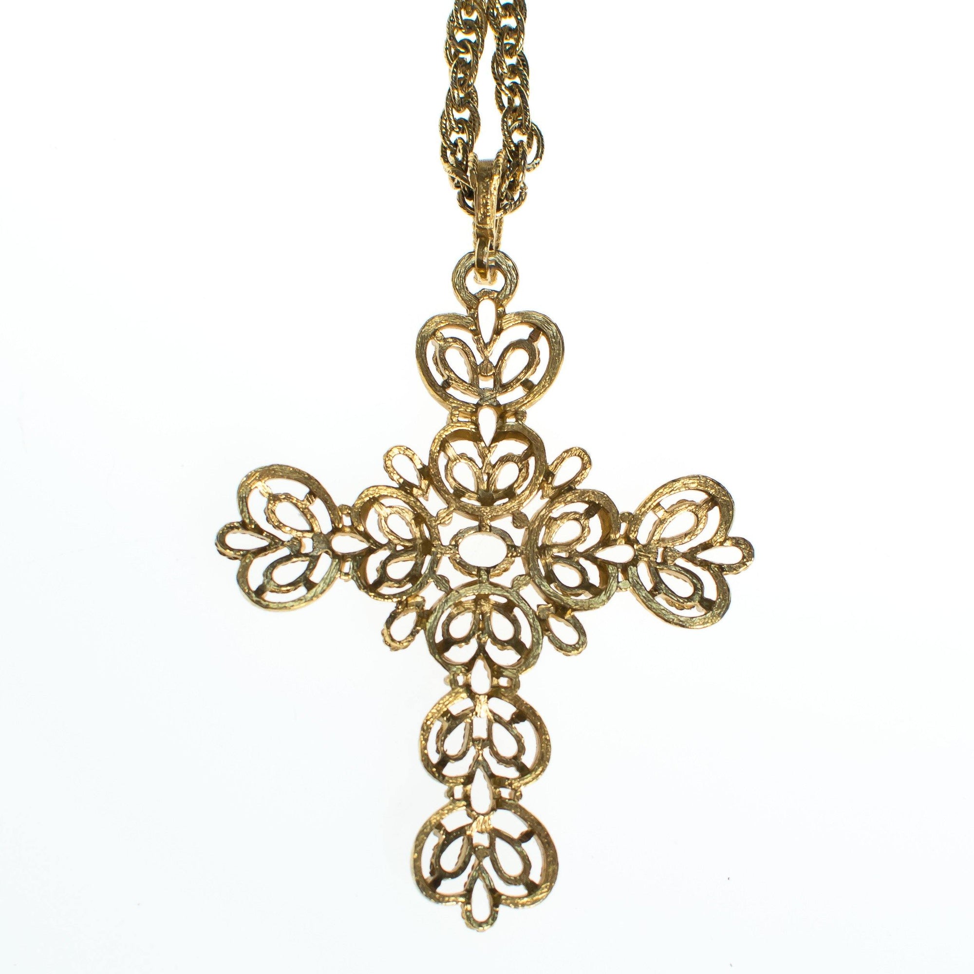 Vintage Crown Trifari Big Gold Cross Pendant Necklace by Crown Trifari - Vintage Meet Modern Vintage Jewelry - Chicago, Illinois - #oldhollywoodglamour #vintagemeetmodern #designervintage #jewelrybox #antiquejewelry #vintagejewelry