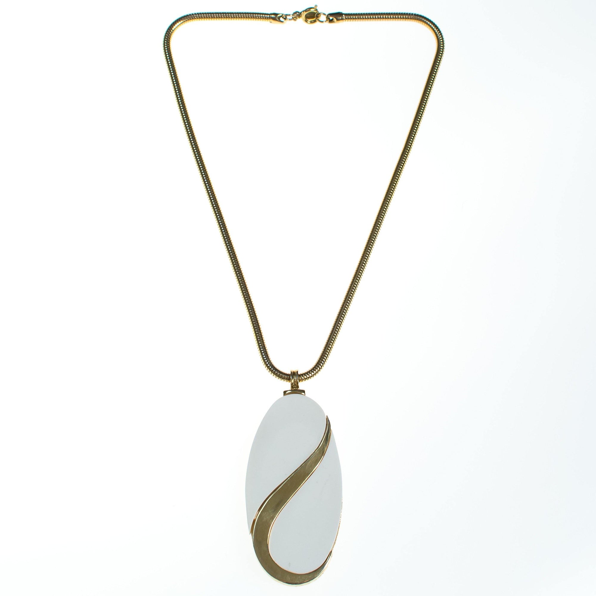Vintage Alice Caviness White Lucite and Gold Mod Statement Pendant Necklace by Vintage Meet Modern - Vintage Meet Modern Vintage Jewelry - Chicago, Illinois - #oldhollywoodglamour #vintagemeetmodern #designervintage #jewelrybox #antiquejewelry #vintagejewelry