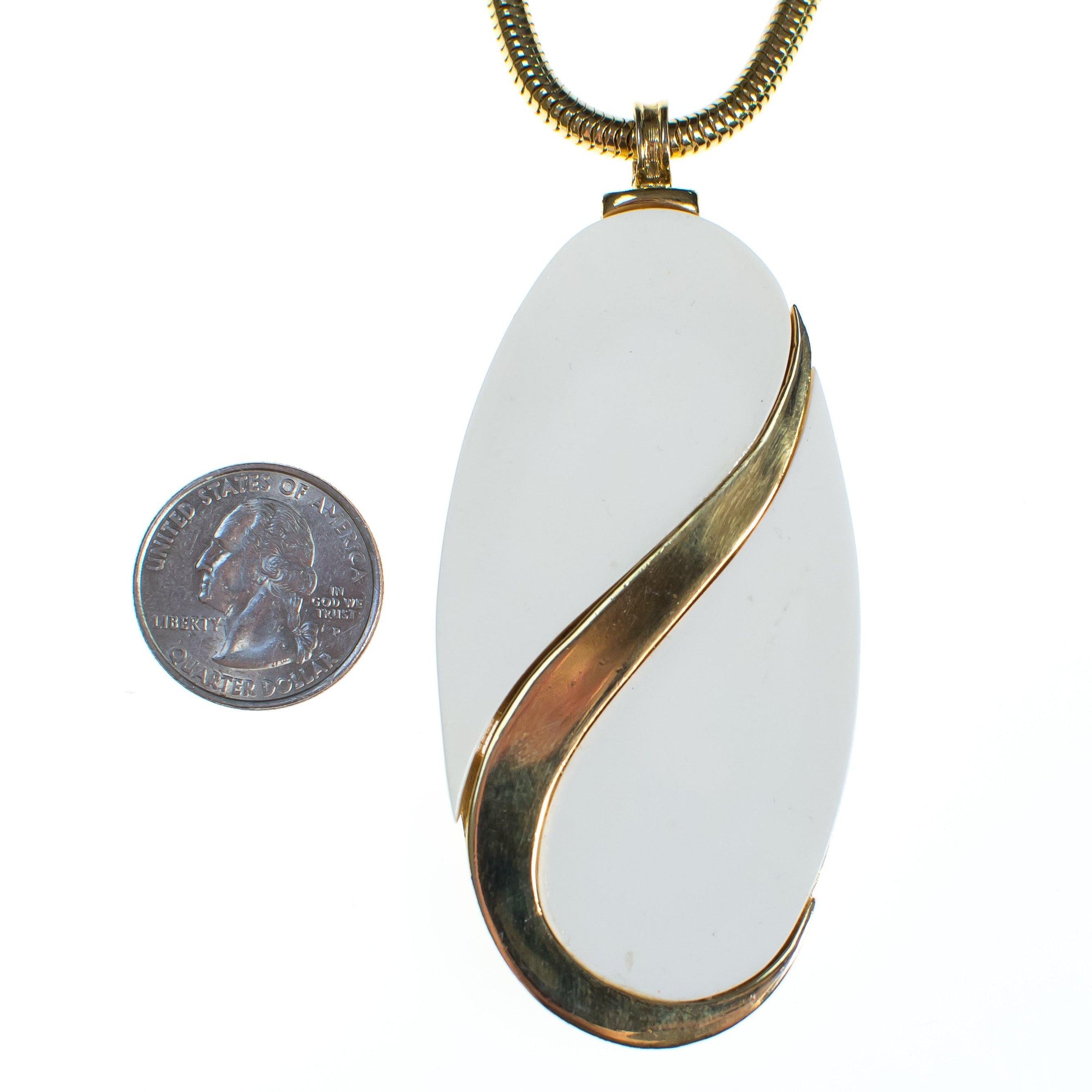 Vintage Alice Caviness White Lucite and Gold Mod Statement Pendant Necklace by Vintage Meet Modern - Vintage Meet Modern Vintage Jewelry - Chicago, Illinois - #oldhollywoodglamour #vintagemeetmodern #designervintage #jewelrybox #antiquejewelry #vintagejewelry