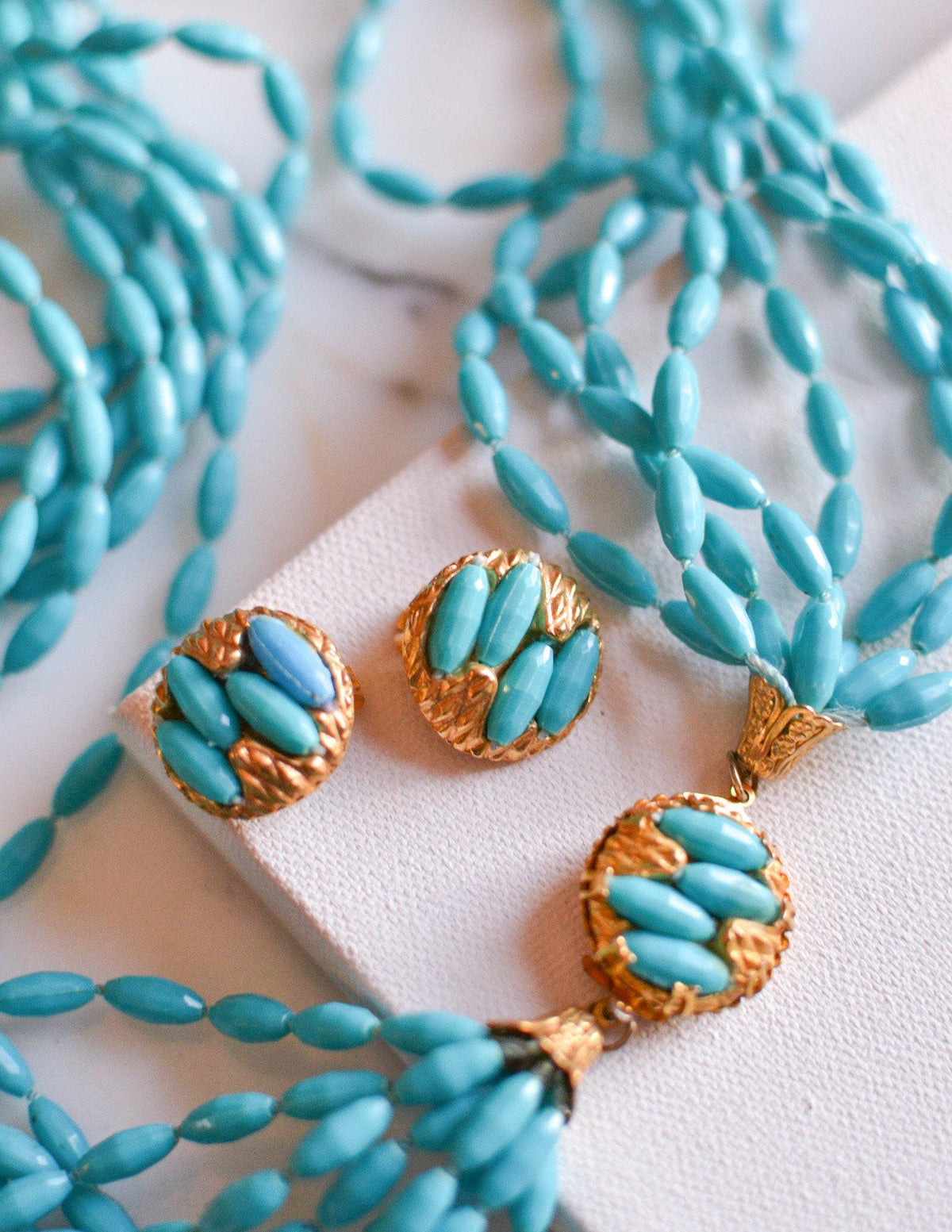 Turquoise Rice Bead Torsade Necklace and Earring Set