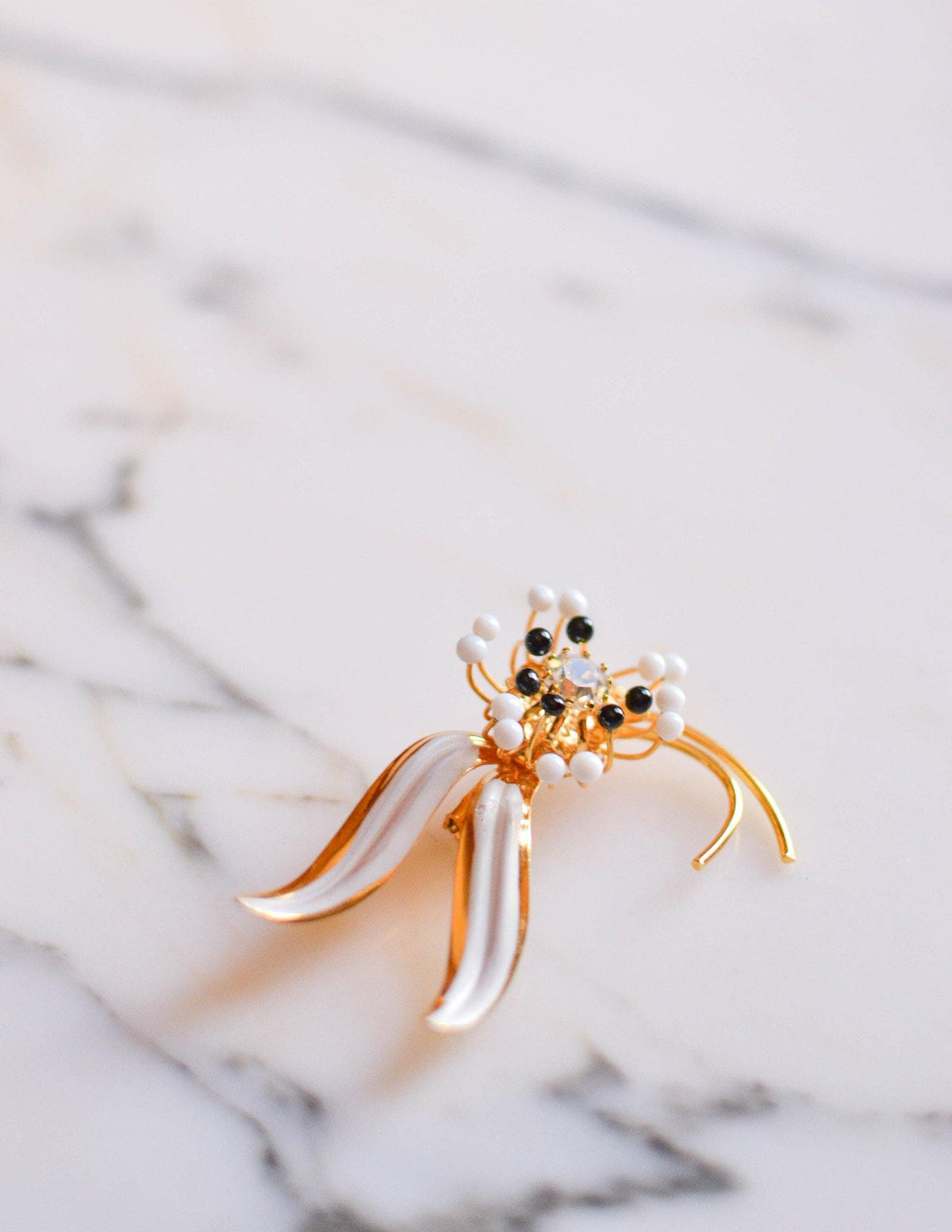 Black and White Flower Brooch with Rhinestones