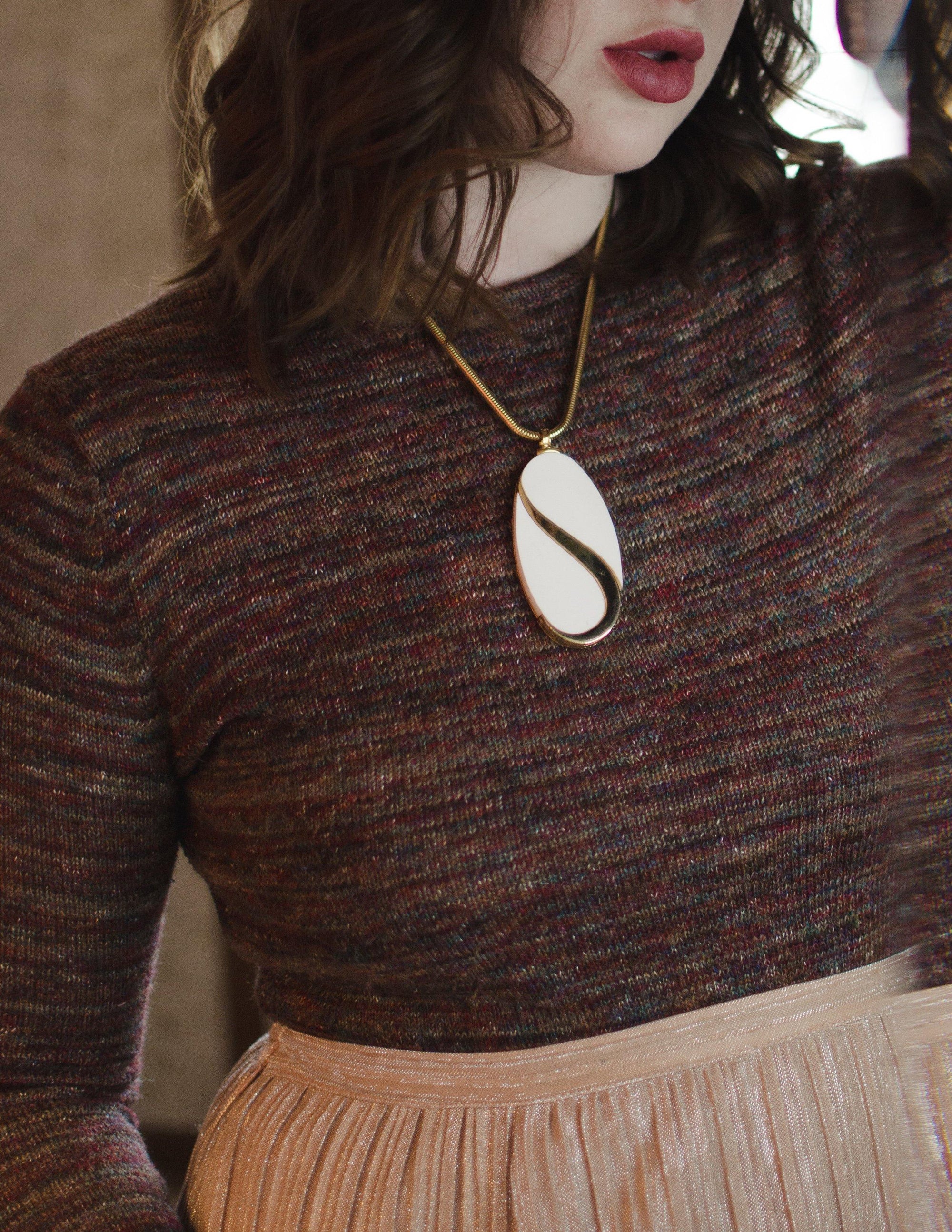 Vintage Alice Caviness White Lucite and Gold Mod Statement Pendant Necklace by Vintage Meet Modern - Vintage Meet Modern Vintage Jewelry - Chicago, Illinois - #oldhollywoodglamour #vintagemeetmodern #designervintage #jewelrybox #antiquejewelry #vintagejewelry