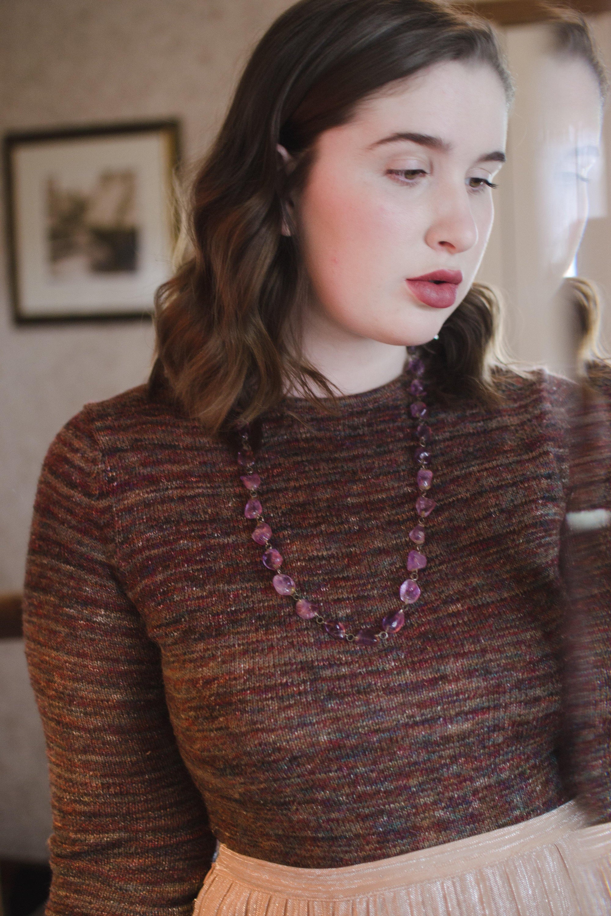 Vintage Tumbled Amethyst Beaded Necklace by Vintage Meet Modern - Vintage Meet Modern Vintage Jewelry - Chicago, Illinois - #oldhollywoodglamour #vintagemeetmodern #designervintage #jewelrybox #antiquejewelry #vintagejewelry