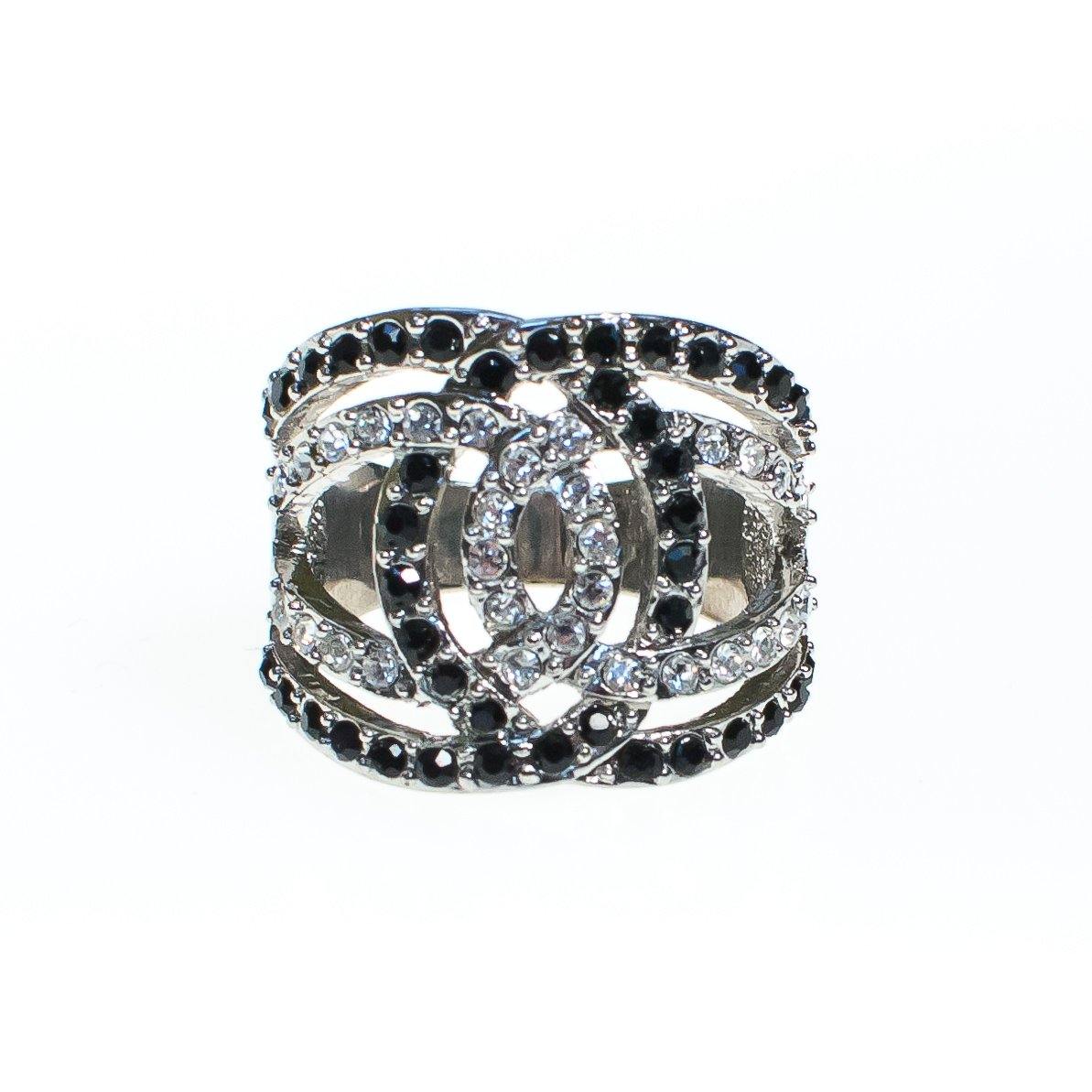 Vintage Art Deco Jet and Crystal Inspired Wide Swirled Band Ring