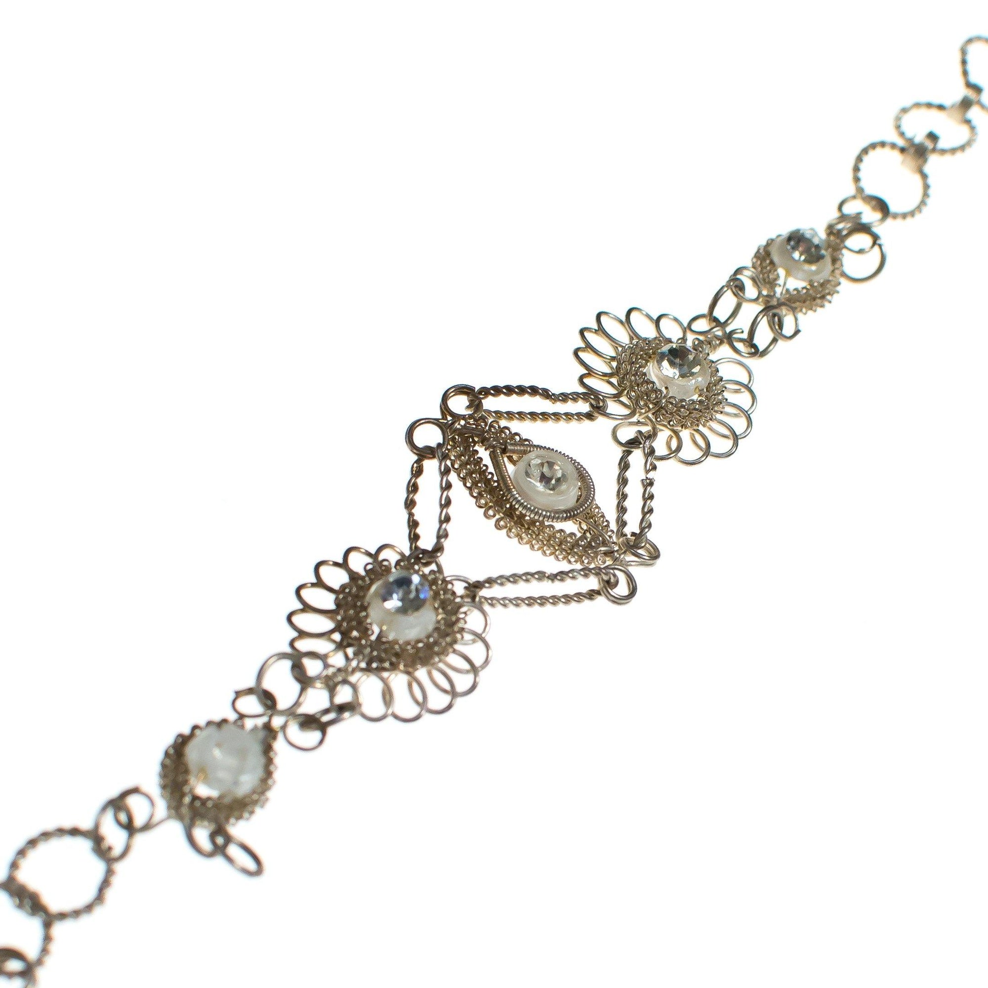 Vintage Silver Filigree Wire Work Bracelet with Rhinestones by Vintage Meet Modern - Vintage Meet Modern Vintage Jewelry - Chicago, Illinois - #oldhollywoodglamour #vintagemeetmodern #designervintage #jewelrybox #antiquejewelry #vintagejewelry