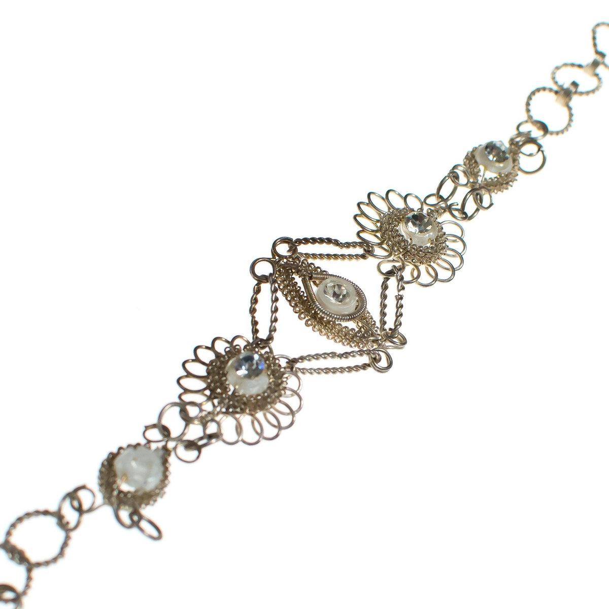 Vintage Silver Filigree Wire Work Bracelet with Rhinestones